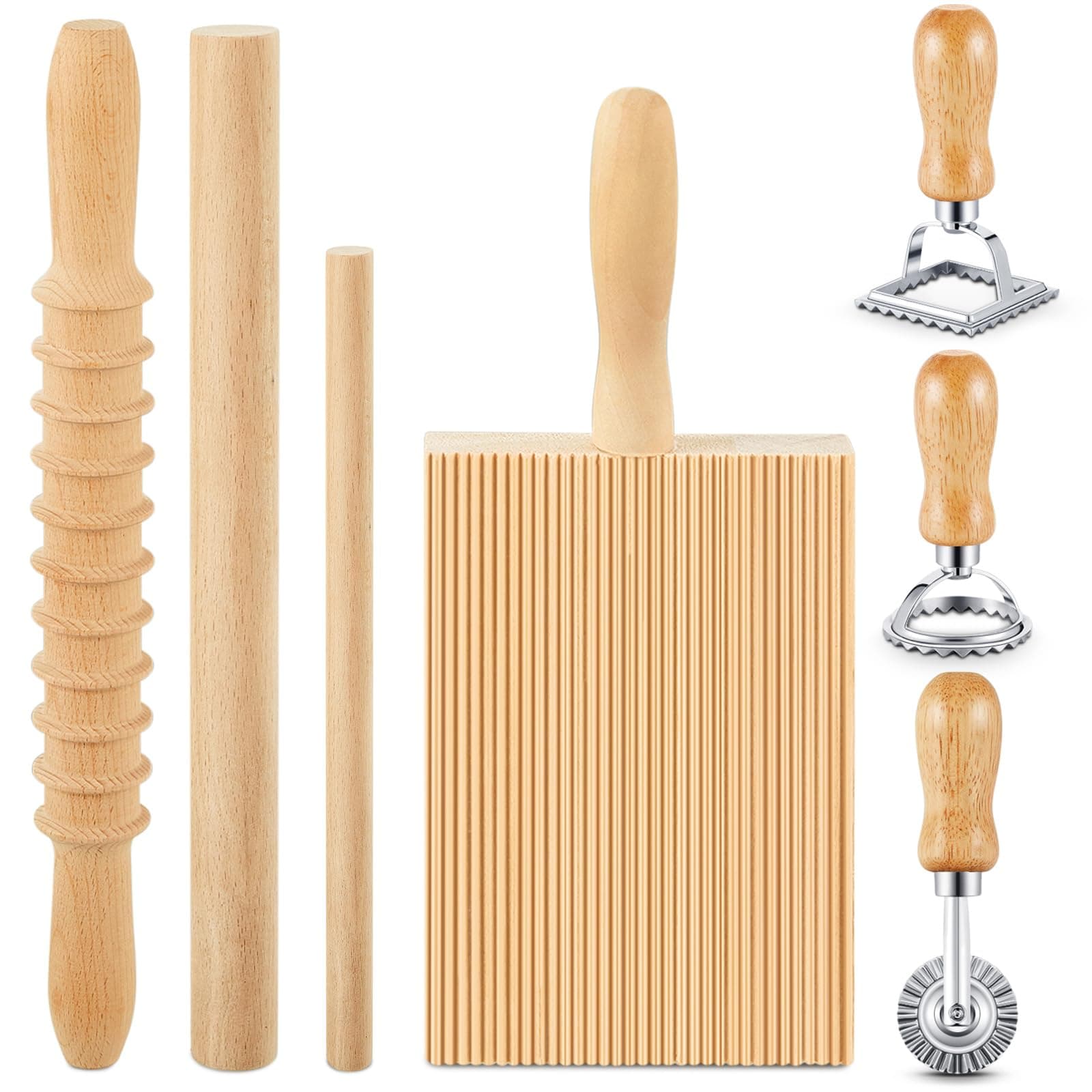 7 Pcs Pasta Making Tool Set Kitchen Gift for Mom, Wood Gnocchi Board with Ravioli Stamp Ravioli Maker Rolling Pin Gnocchi Garganelli Ltalian Pasta Tools for Beginners Mother's Day Home Cooks