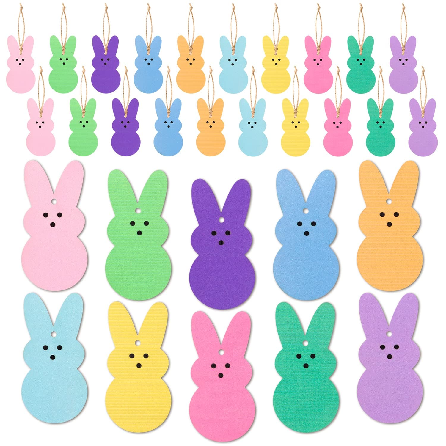 L1rabe Easter Peeps Bunny Wooden Hanging Ornaments Kit, 31Pcs Multi-Color Easter Bunny Wooden Slices Ornaments Decorations with Hanging Rope for Spring Party Door Window Fireplace Tree Decoration