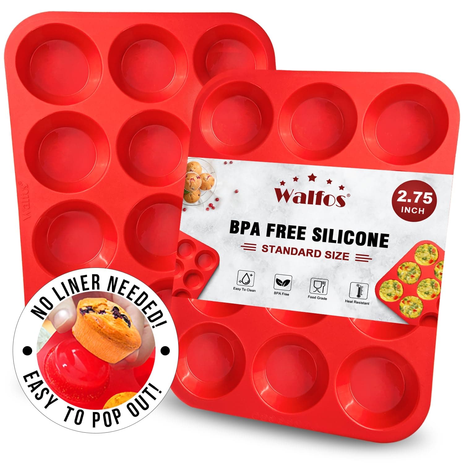 Muffin Pan Set - 12 Cups Regular Silicone Cupcake Pan, Non-stick and BPA Free, Great for Making Muffin Cakes, Tart, Fat Bombs - Dishwasher Safe, 2-Piece