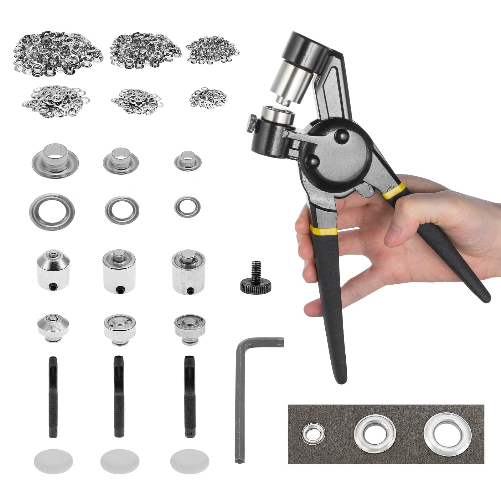 BEAMNOVA Grommet Tool Kit 5.5mm 8mm 10mm Multi-Size Hand Press Eyelet Pliers Kit with 900 Grommet Supplies & Hollow Hole Punch Tool Black Handheld Eyelet Setter for Tarp Leather Canvas