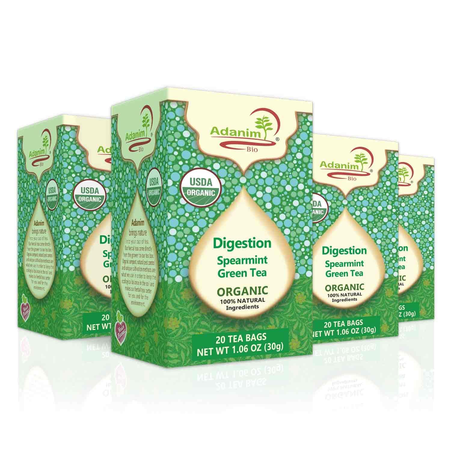 ADANIM BIO Organic Spearmint Nana Mint Green Tea Blend for Digestion Relief and Stomach Ease, Non GMO, Kosher, 20 Tea Bags in Each Box, 80 Green Tea Bags in Total, Pack of 4