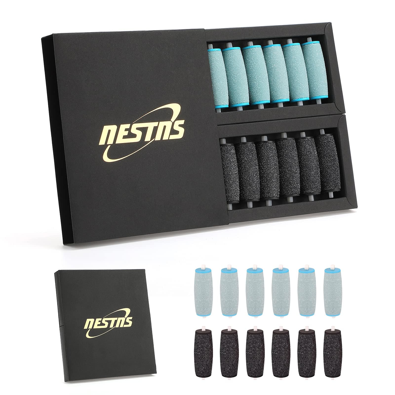 Replacement Roller Refill Heads for Amope Pedi Electronic Perfect Foot File with Professional Feet Care Diamond Crystals (6 Black Extra Coarse & 6 Blue Regular Coarse)