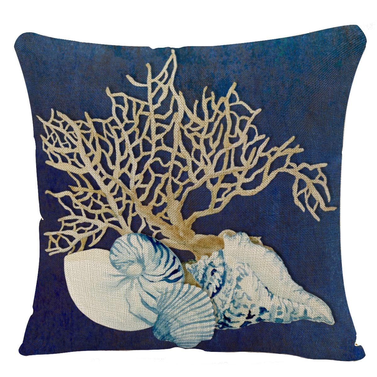 Throw Pillow Cover Seashore Indigo Ocean Coral Seashells Beach House Coastal Decorative Pillow Case Cushion Cover 18 x 18 Inch Pillowcase