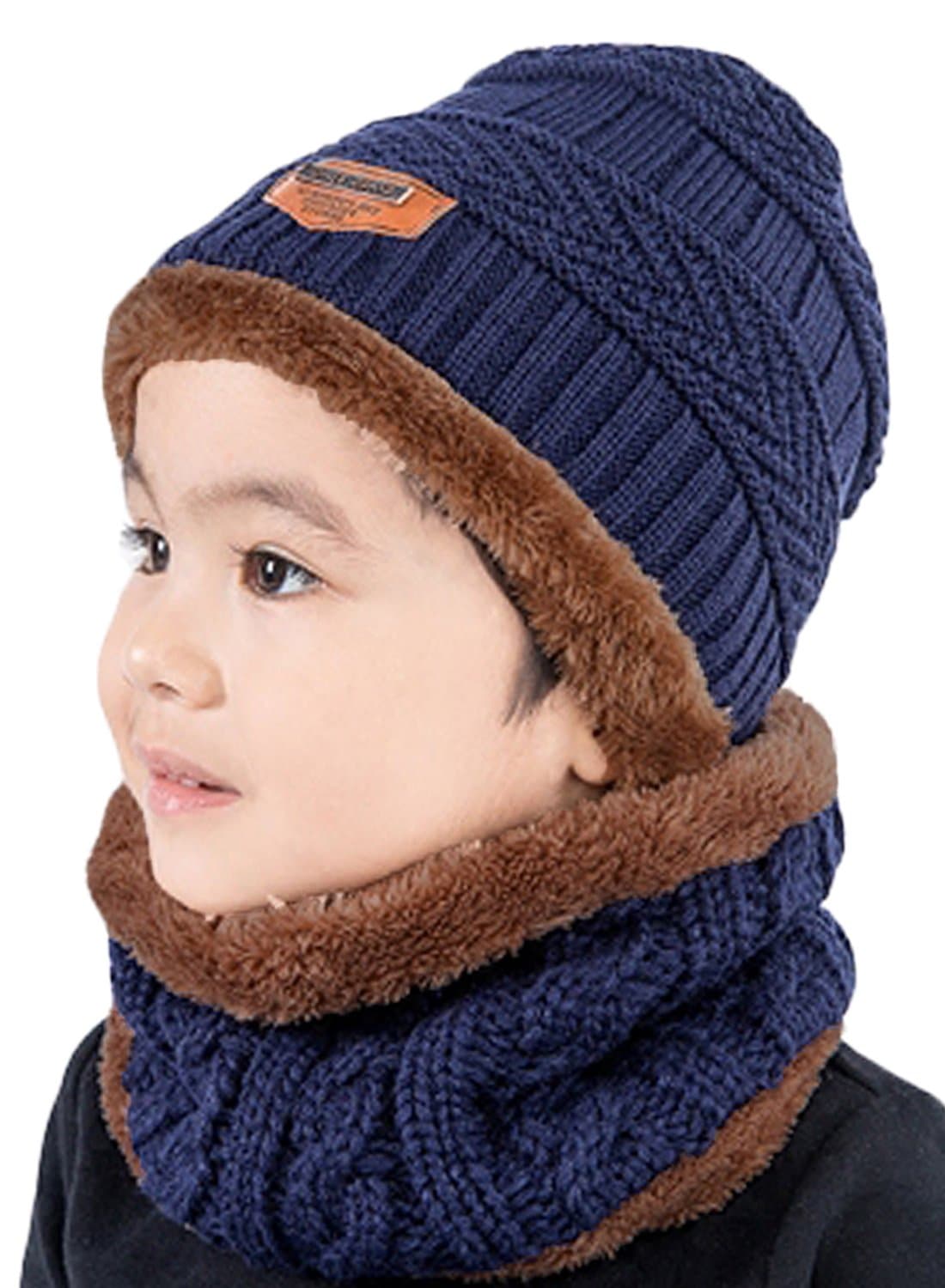 2Pcs Kids Winter Knitted Hats+Scarf Set Warm Fleece Lining Cap for 5-14 Year Old Boys Girls