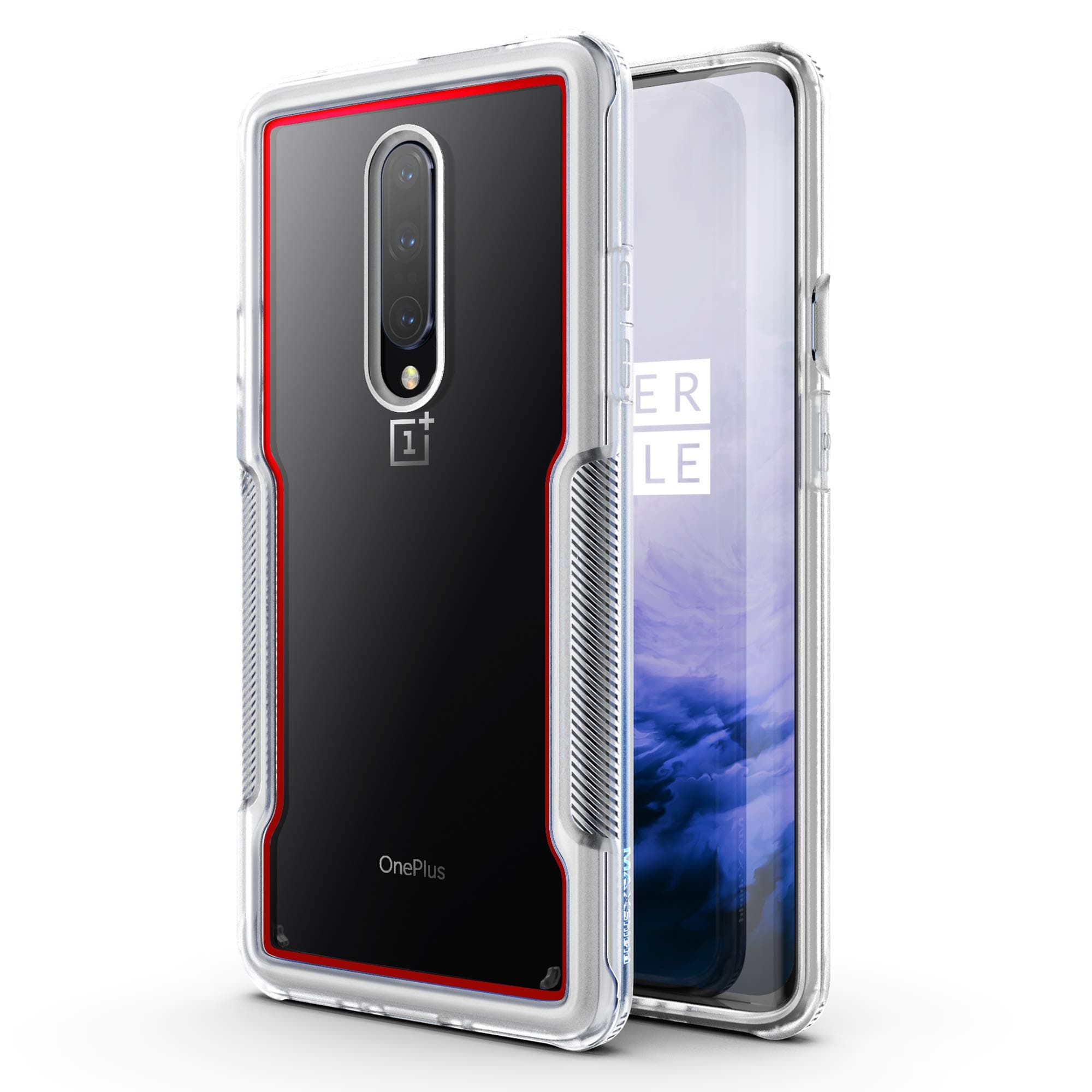 Compatible with OnePlus 7 Pro Case, Premium Hybrid Shockproof Protective Slim Clear Bumper Case [Razor X Series]-Clear/Red