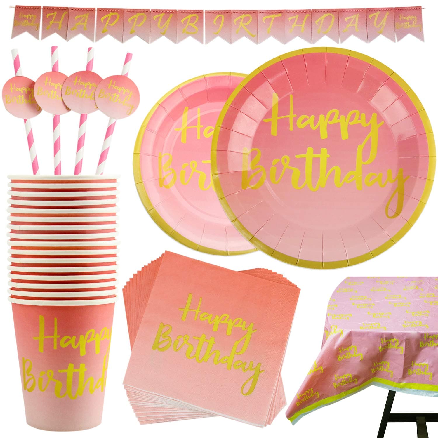 Kompanion Pink and Gold Party Set - 102 Piece Party Supplies Kit with Banner, Plates, Cups, Napkins, Tablecloth - Serves 25, Perfect for Birthday Parties and Themed Celebrations