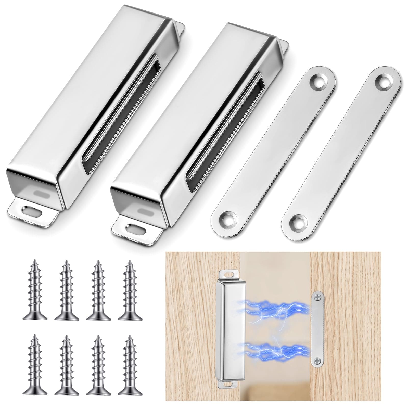 2 Pcs Magnetic Door Catch 150lb Stainless Steel Heavy Duty Strong Magnetic Cabinet Magnets for Closure Wardrobe Closet Cupboard Kitchen Bathroom Room Automatic (3.74 Inch)
