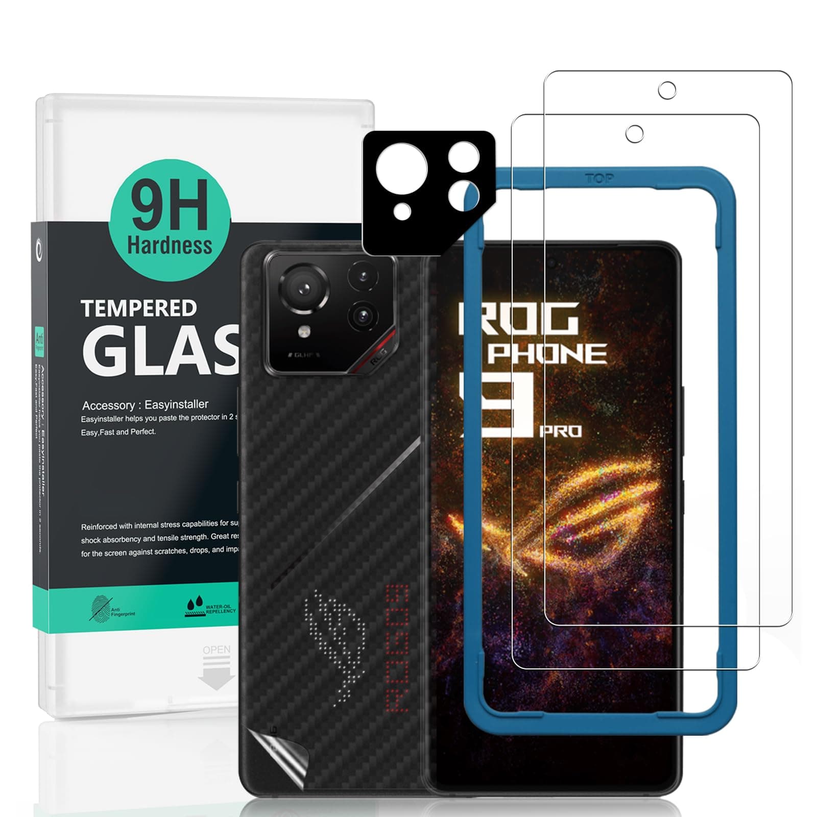 Screen Protector for Asus ROG Phone 9 Pro 5G 6.78"(2 Pack),9H Hardness Tempered Glass,with 1Pc Camera Lens Protector,1Pc Back Carbon Fiber Film,Easy to Install