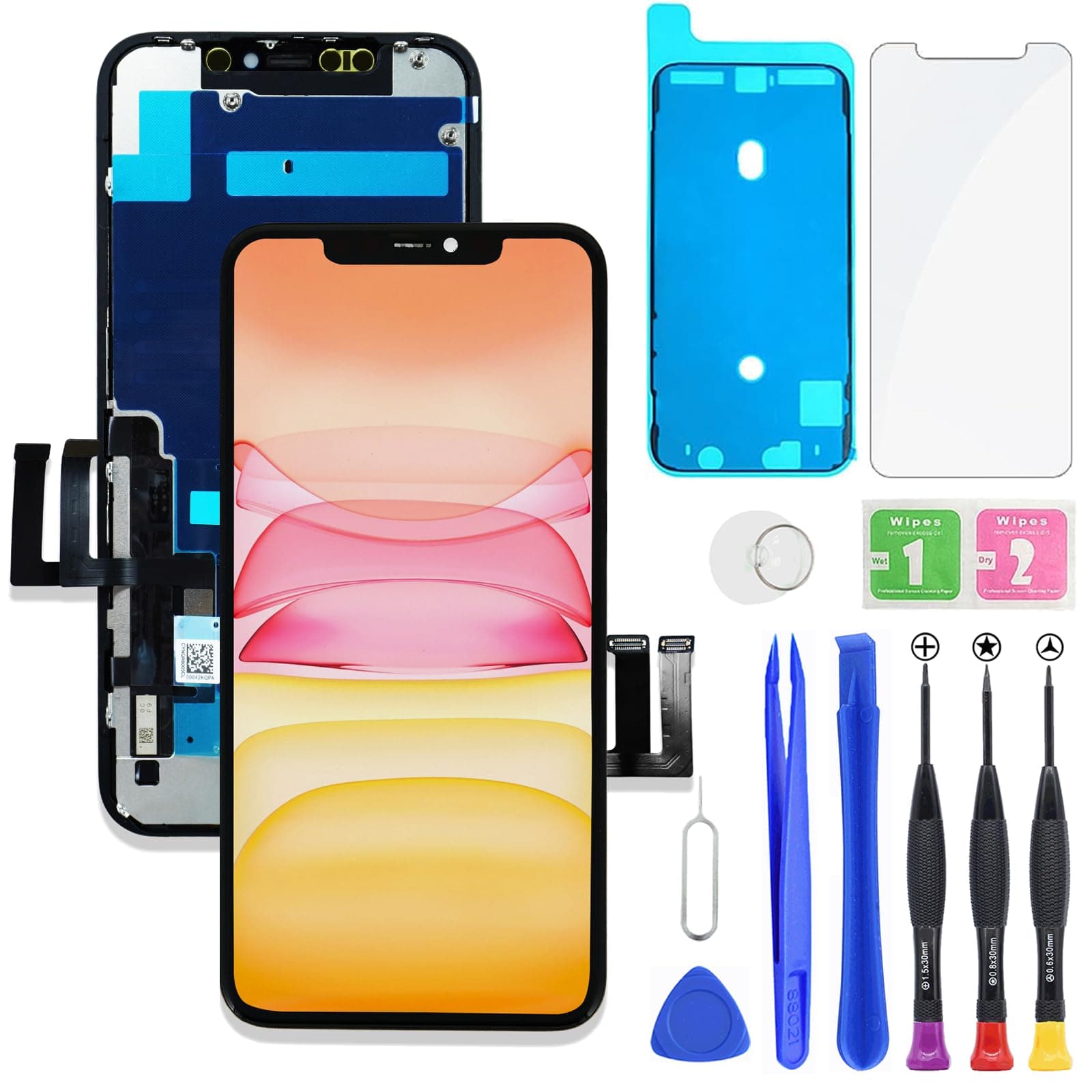 For iPhone 11 LCD Display, FHD Screen Replacement, 3D Touch Digitizer Frame, Full Assembly with Repair Tool Kit + Waterproof Adhesive + Screen Protector
