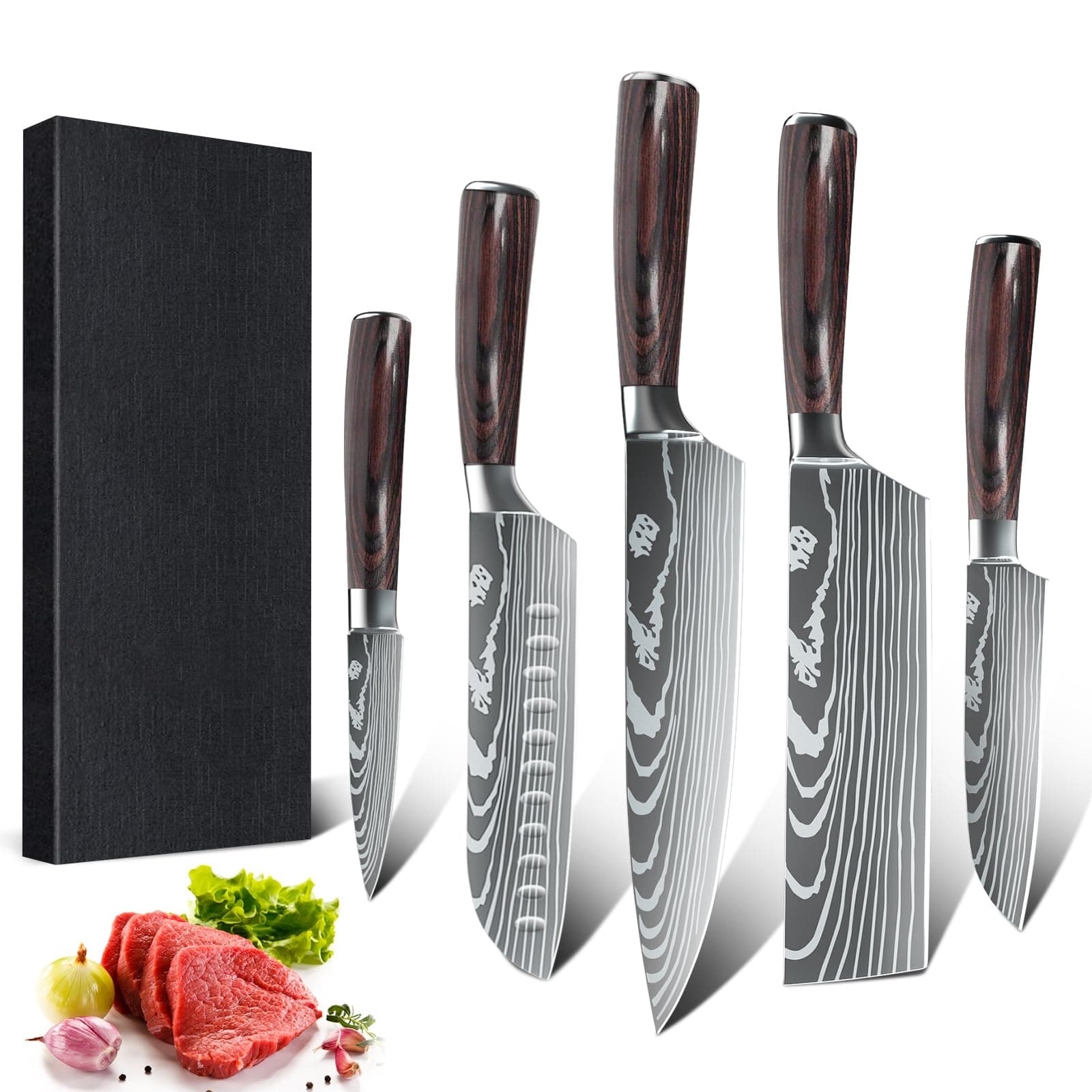 DfitoKnives Set for Kitchen, 5 Piece Sharp Knife Set with High Carbon Stainless Steel, Chef Knife Set professional with Gift Box
