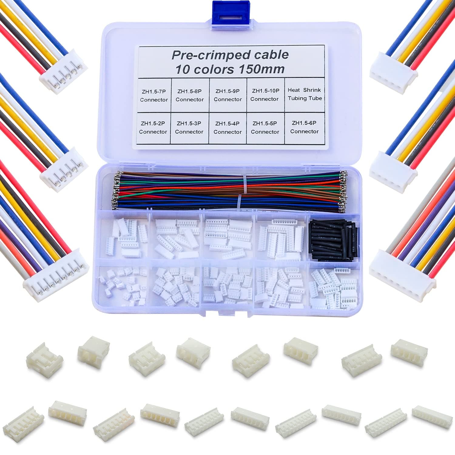 Keszoox ZH 1.5MM JST Connector Kit with 28AWG Premium Pre-Crimped Cables, ZH1.5 Connector 2/3/4/5/6/7/8/9/10 Pin Housing JST Adapter Cable Connector with Length of 150mm Wire Cable