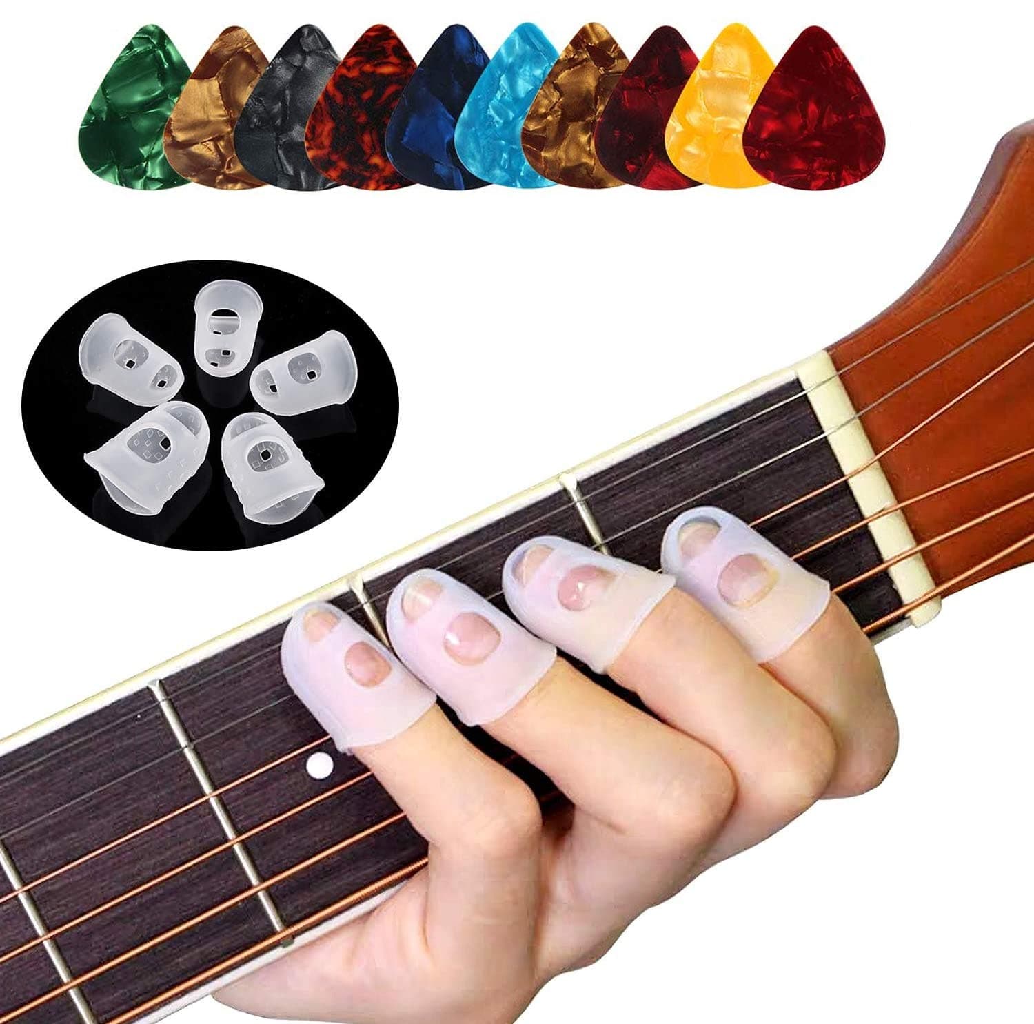 Guitar Fingertip Protectors - 40 Pcs Silicone Finger Guards for Guitar, Ukulele, Bass, Sewing and Embroidery (5 Sizes, Transparent)