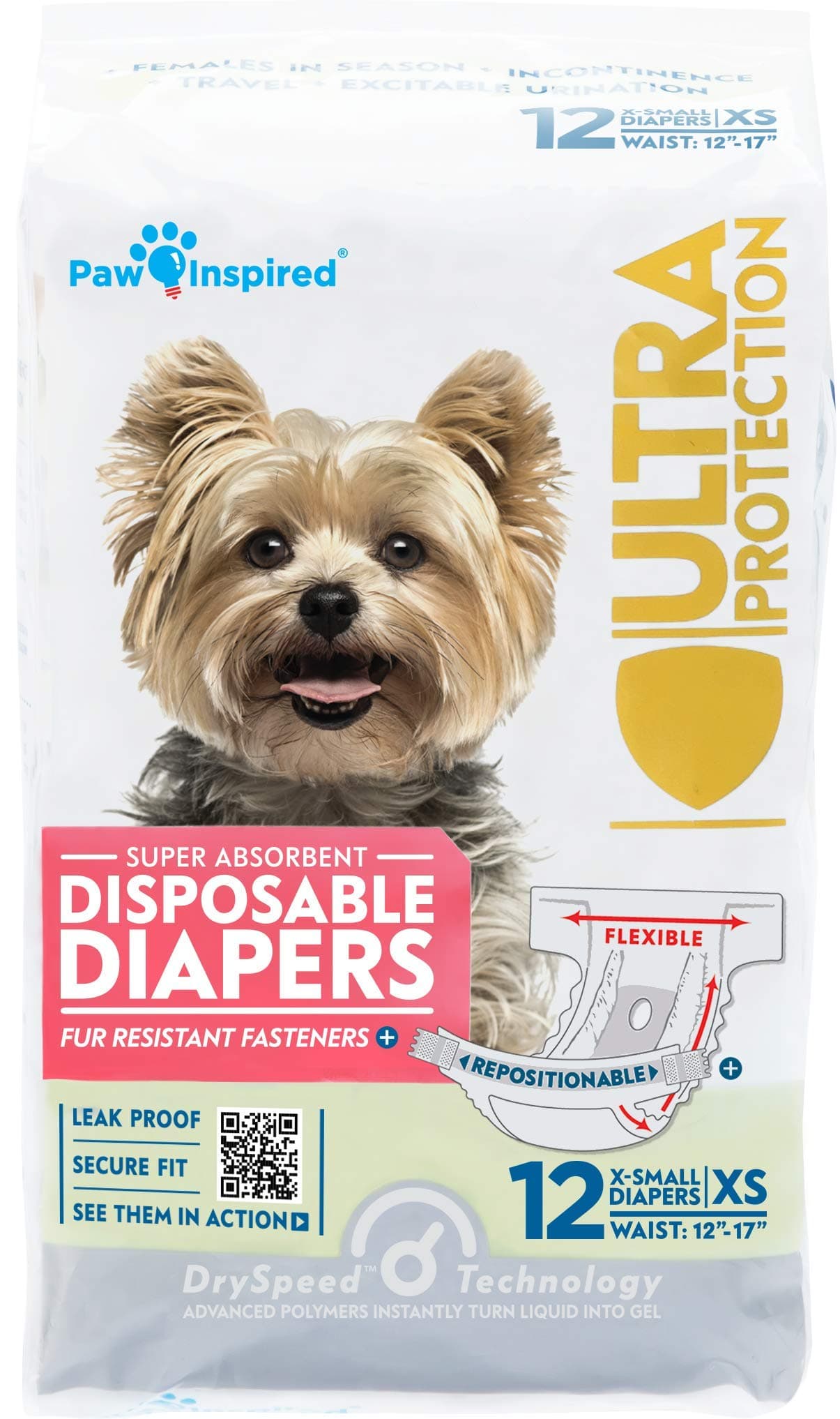 Paw Inspired Disposable Dog Diapers | Female Dog Diapers Ultra Protection | Diapers for Dogs in Heat, Excitable Urination, or Incontinence (12&144 Count) (X-Small (12 Count))
