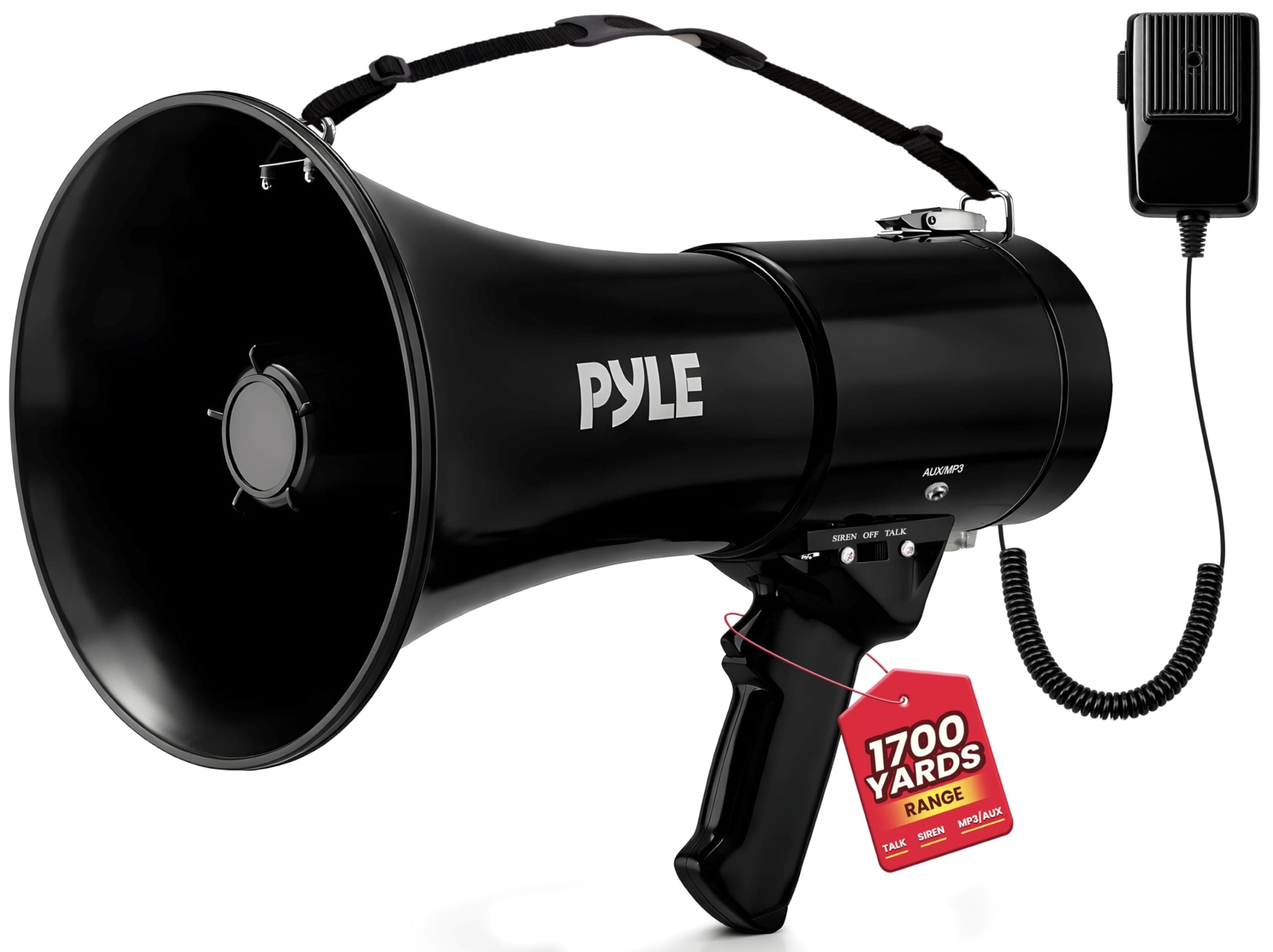 Megaphone PA Speaker with Siren – 40W Loud Bullhorn with Adjustable Volume & 1100m Range – Ideal for Coaches, Cheerleading, Sports Events, Fans & Safety Drills