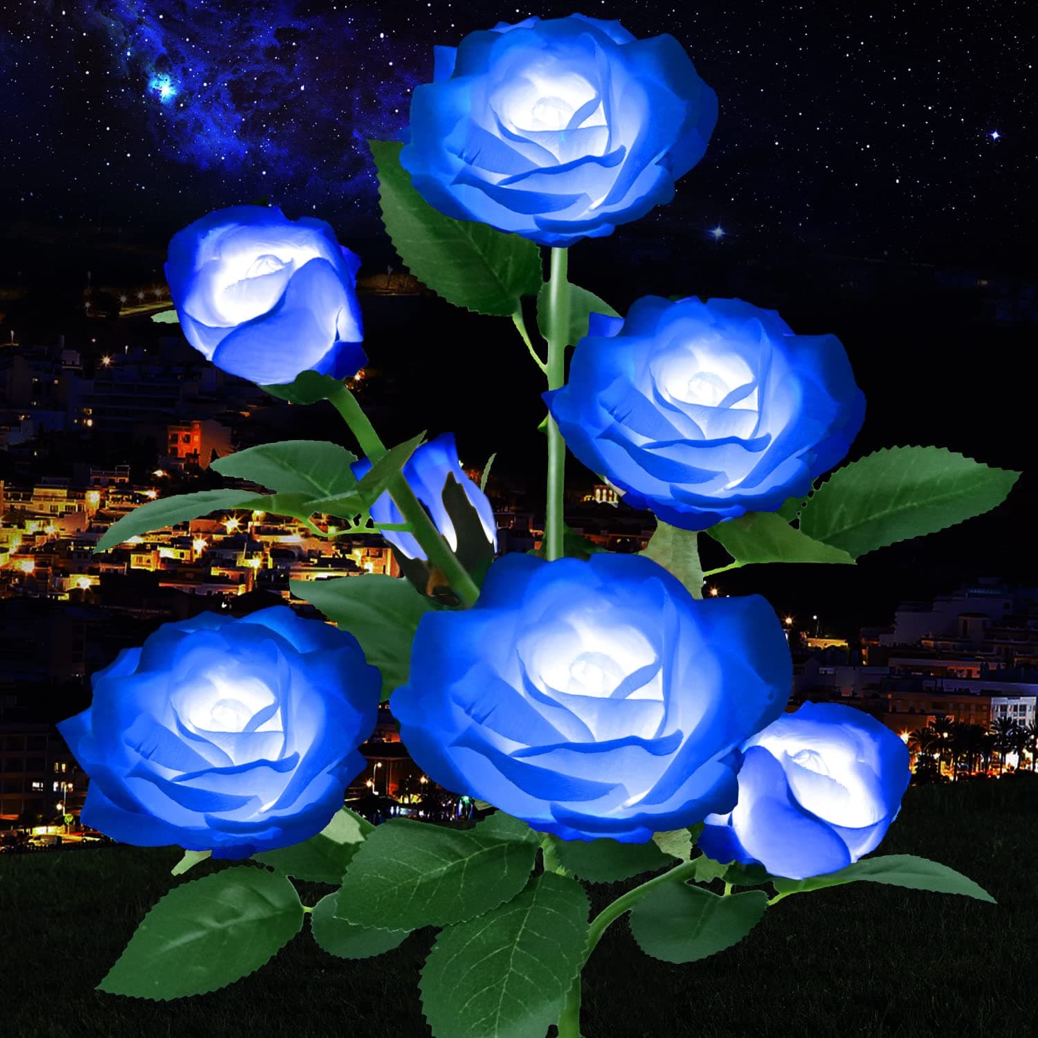 Outdoor Solar Lights Garden Stake Lights 7 Rose Flowers Path Solar Garden Lights Decorative Lights for Patio Yard Pathway Landscape Lighting (Blue)