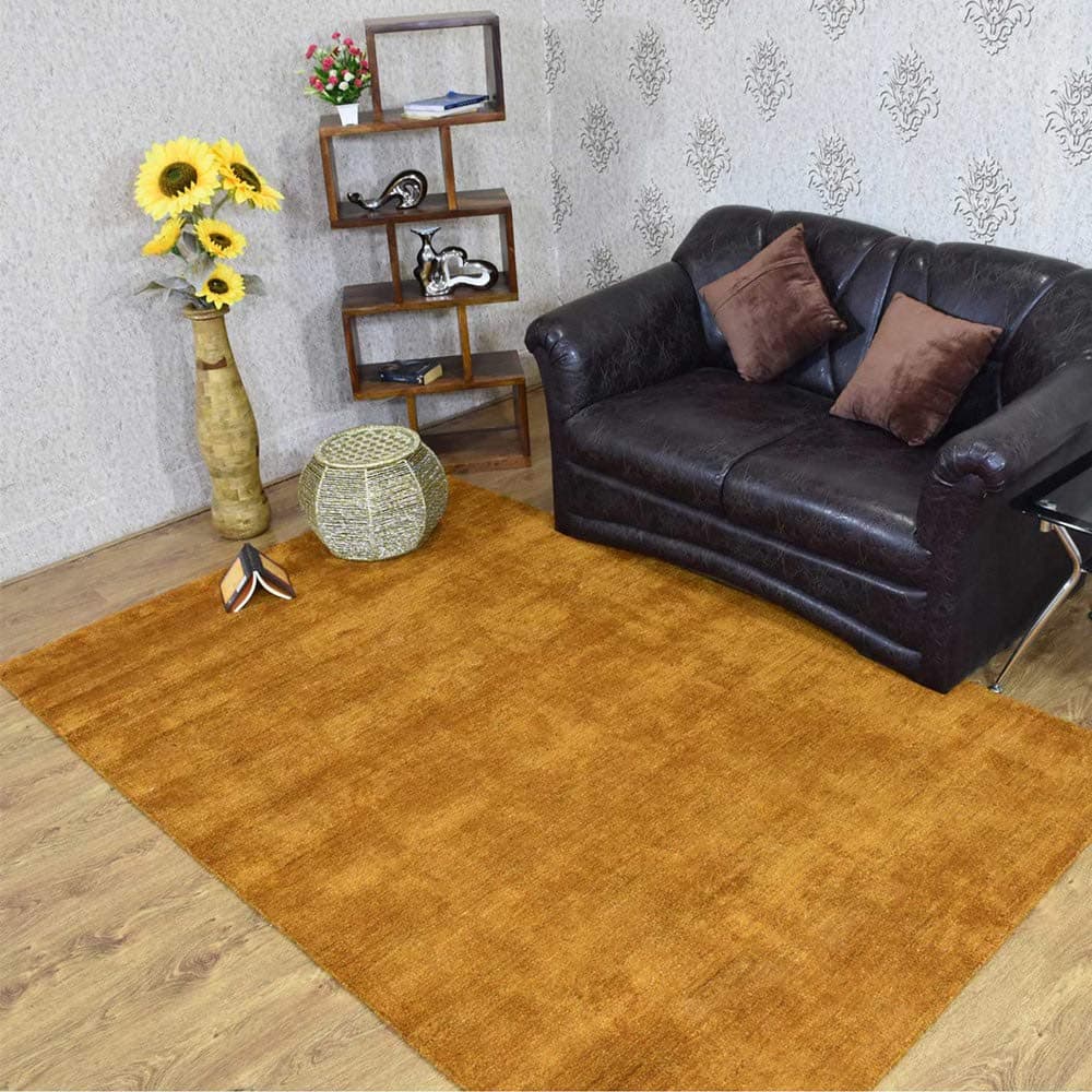 Rugsotic Carpets Hand Knotted Loom Silk Mix 5'x8' Area Rugs Solid Gold LSM111