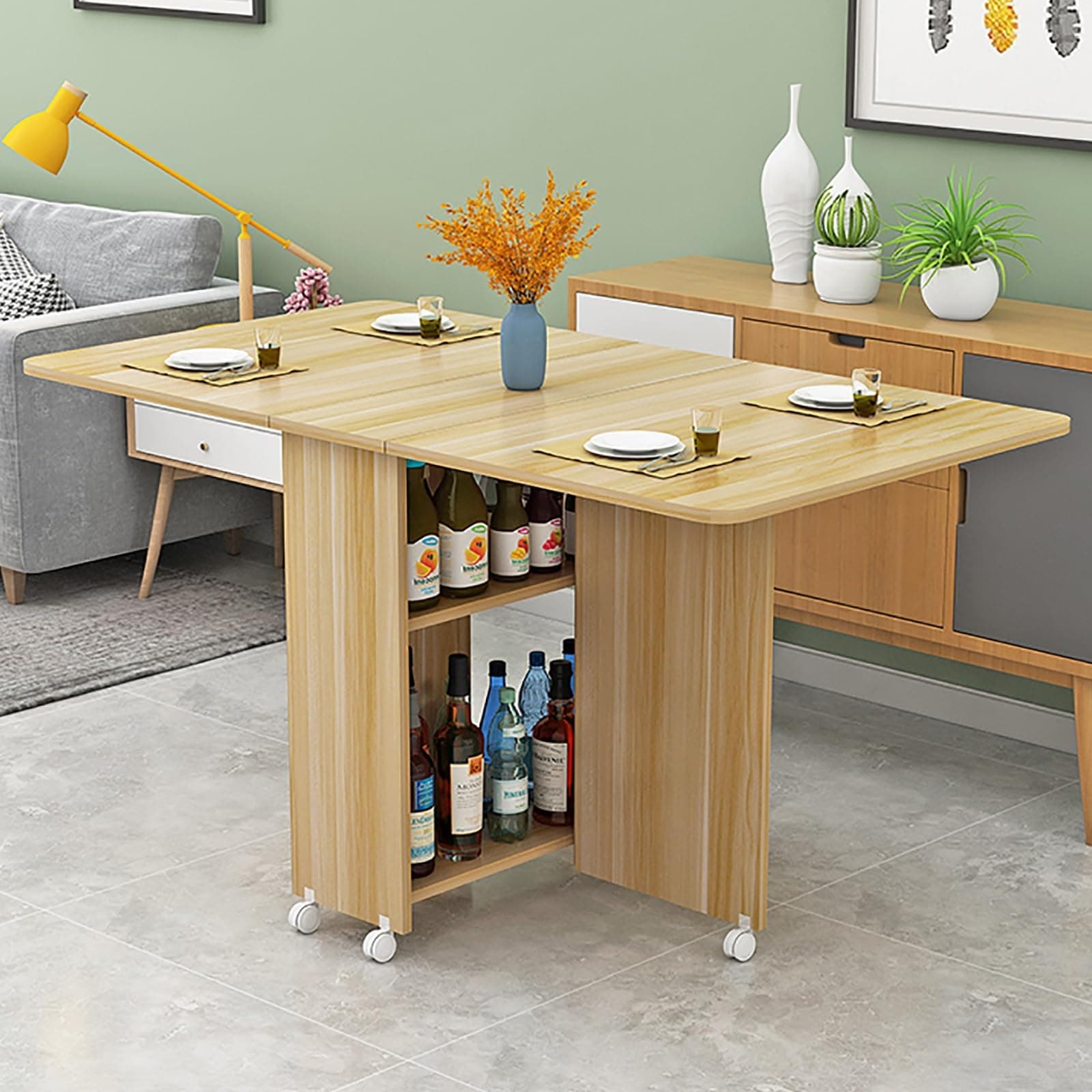 Folding Dining Table on Casters Retractable Dining Table Extendable Dining Table Seats 4-6 Movable Extendable Kitchen Table Kitchen Table Dining Table gateleg Table Space Saving (Color : E, Size : L