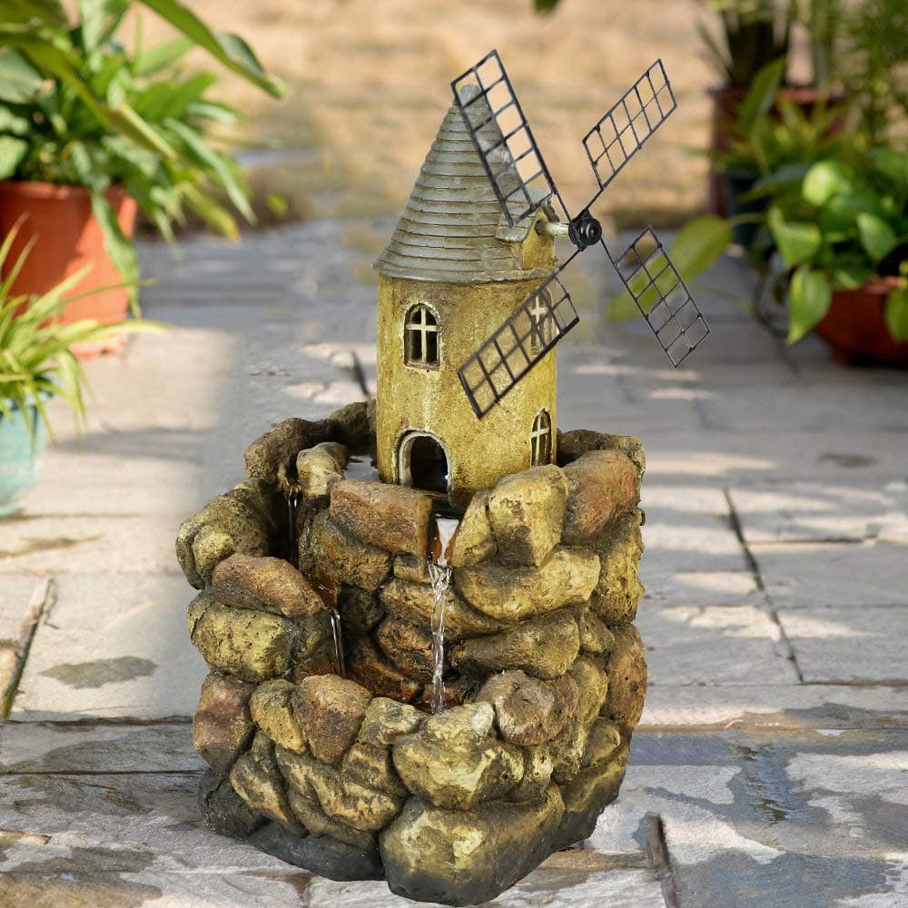 Windmill House with Stony Wall Tabletop Water Fountain 17 3/5", European Style Indoor Fountain Waterfall Relaxation Decor with LED Lights