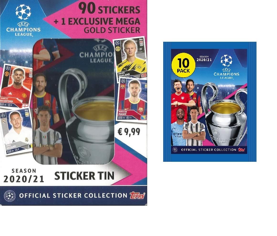 CHAMPIONS LEAGUE2020-21 Topps Stickers - Tin + Bonus Pack (100 Stickers + 1 Jumbo Sticker)