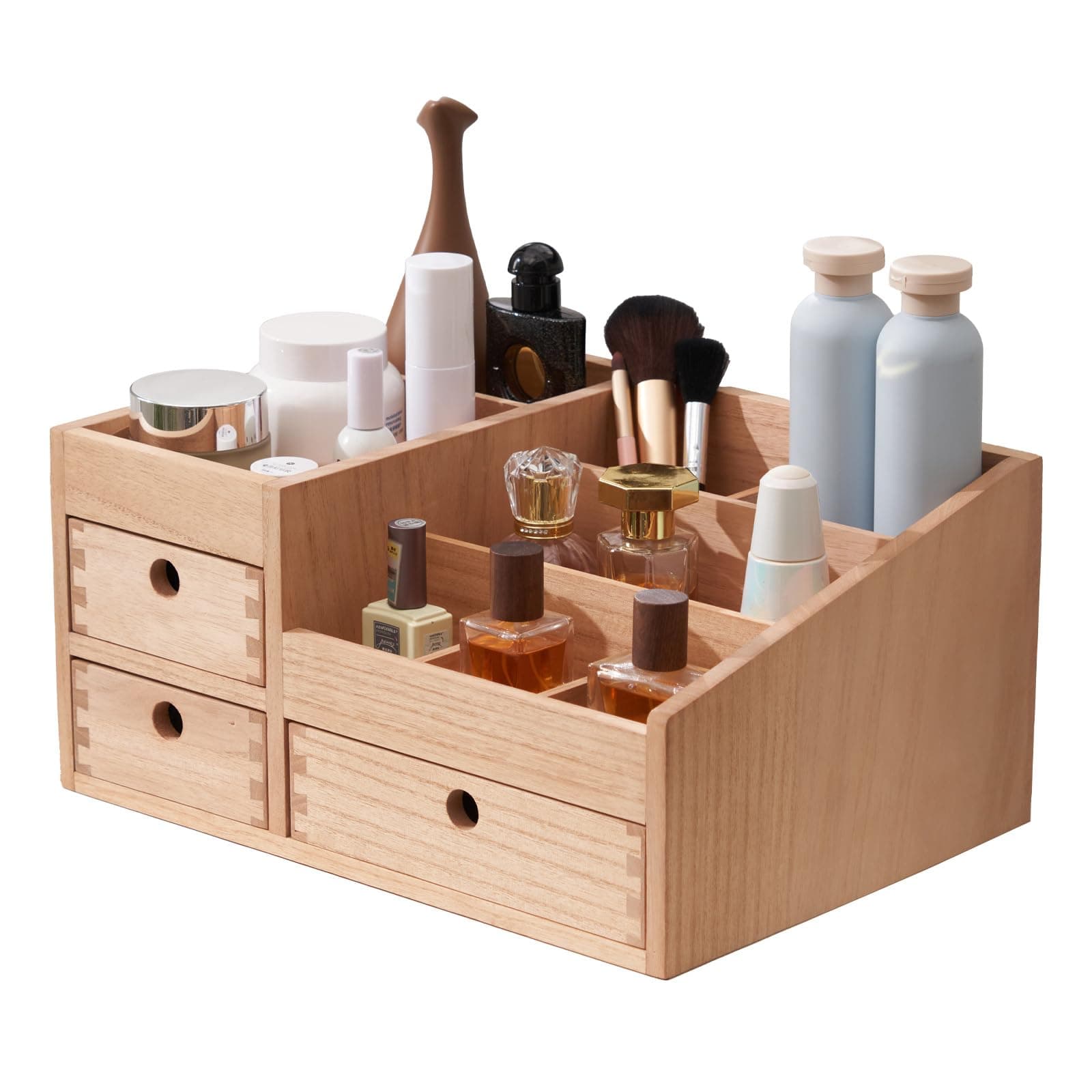 KIRIGEN Wood Makeup Organizer Storage Cabinet Tabletop Cosmetic Organizer Jewelry Storage Box 8 Compartment Makeup Display Case with 3 Drawers Natural(HZG-NA)