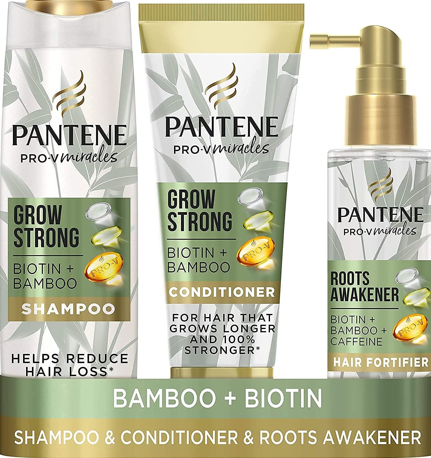 Pantene Grow Strong Shampoo And Conditioner Set + Leave-In Scalp Treatment With Caffeine Creates Optimal Environment For Hair Growth, With Bamboo & Biotin, Shampoo, Conditioner & Treatment