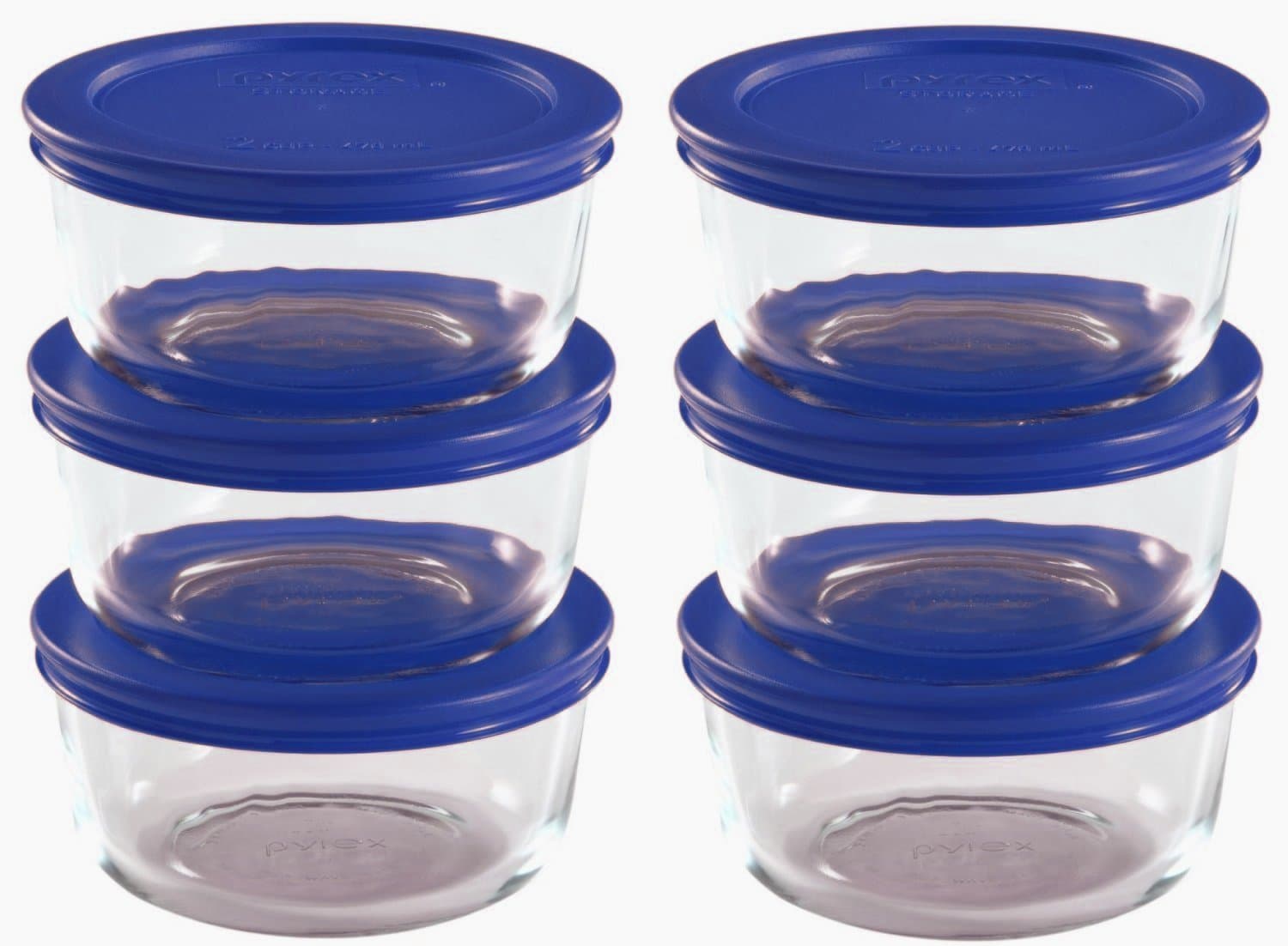 12-Piece : Pyrex Storage 2 Cup Round Dish, Clear with Blue Lid, Pack of 6 Containers