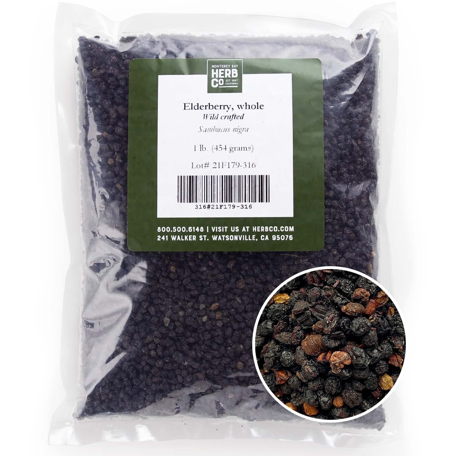 Monterey Bay Herb Co Elderberries Certified Organic 1 LB Bag – Whole 100% Natural (Sambucus nigra)