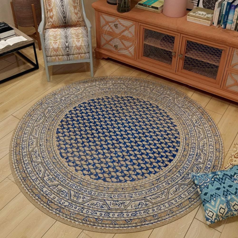OUTGYM Round Vintage Area Rug Round Traditional Floral Rug Short Pile Bedroom Rug with Geometric Pattern Anti-slip Light Blue Washable 120 X 120