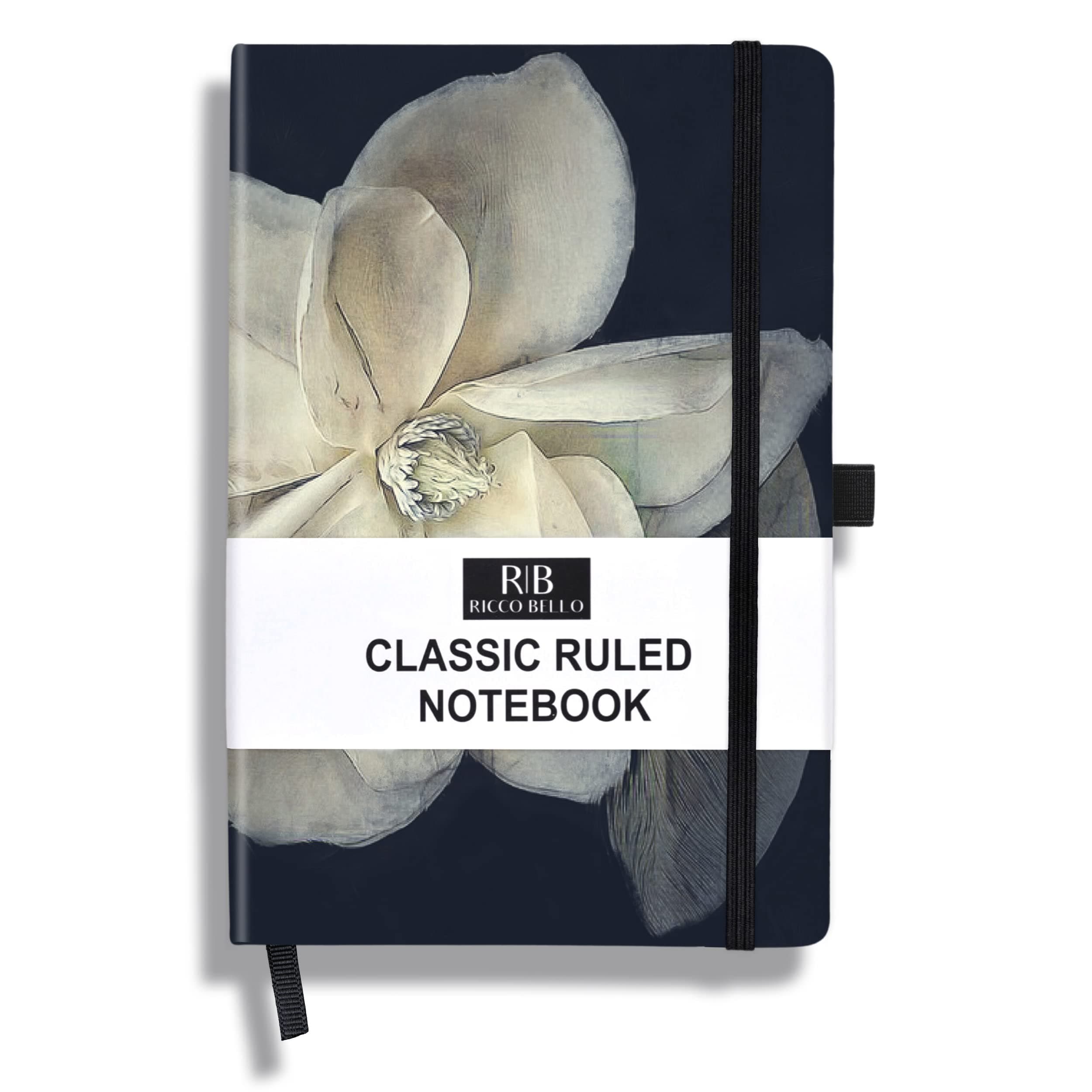 RICCO BELLO Lined Journal Notebook with Pen Holder, Hardcover, College Ruled, for Work, Notes | 96 Sheets /192 Lined Pages, 5.7 x 8.4-Inches (Magnolia Flower)