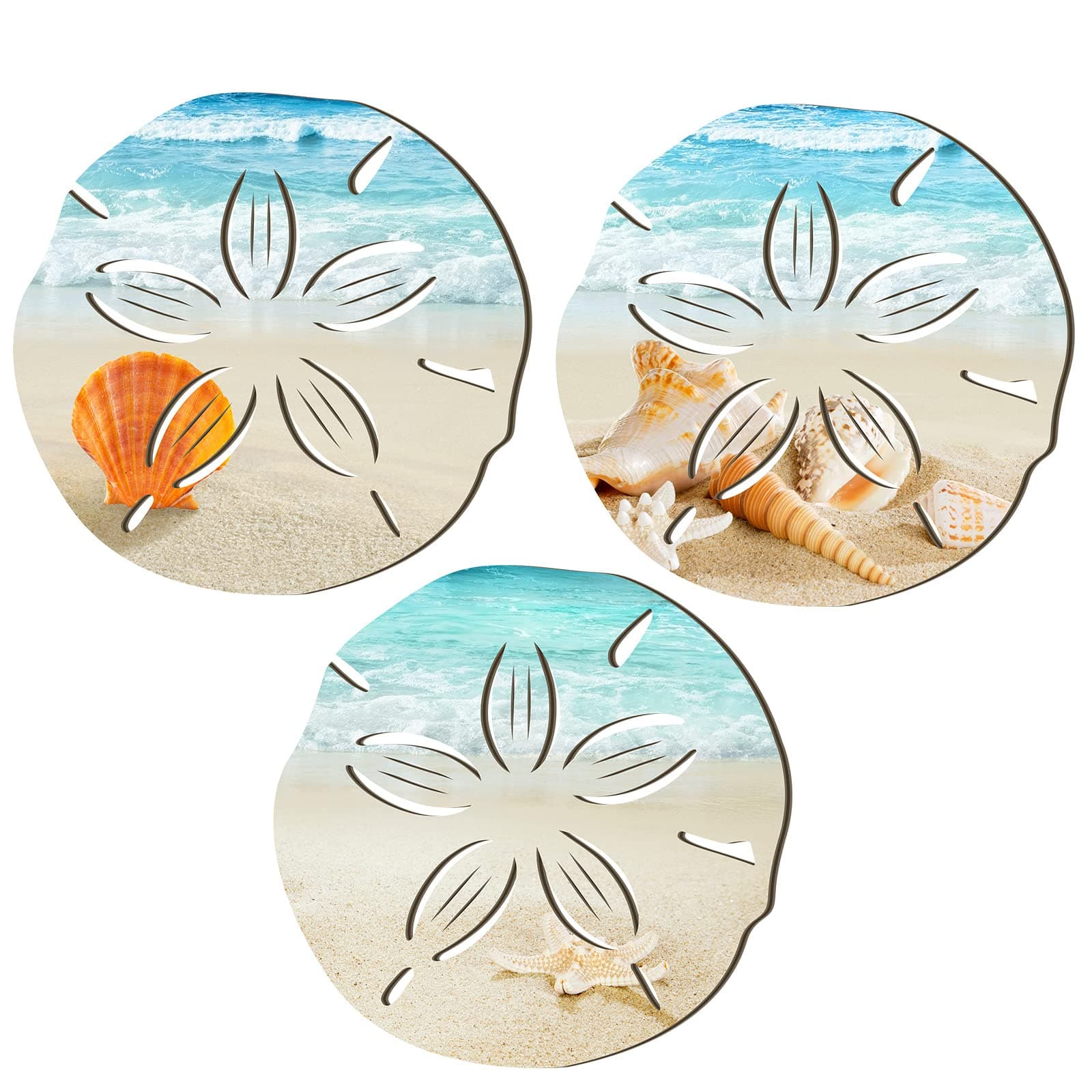 Tatuo 3 Pcs Summer Coastal Wall Decor Bathroom Beach Blue Wall Art Sea Turtle Surfboard Seahorse Starfish Seashell Conches Crabs Sea Life Decor for Bedroom Home (Sand Dollar Style)