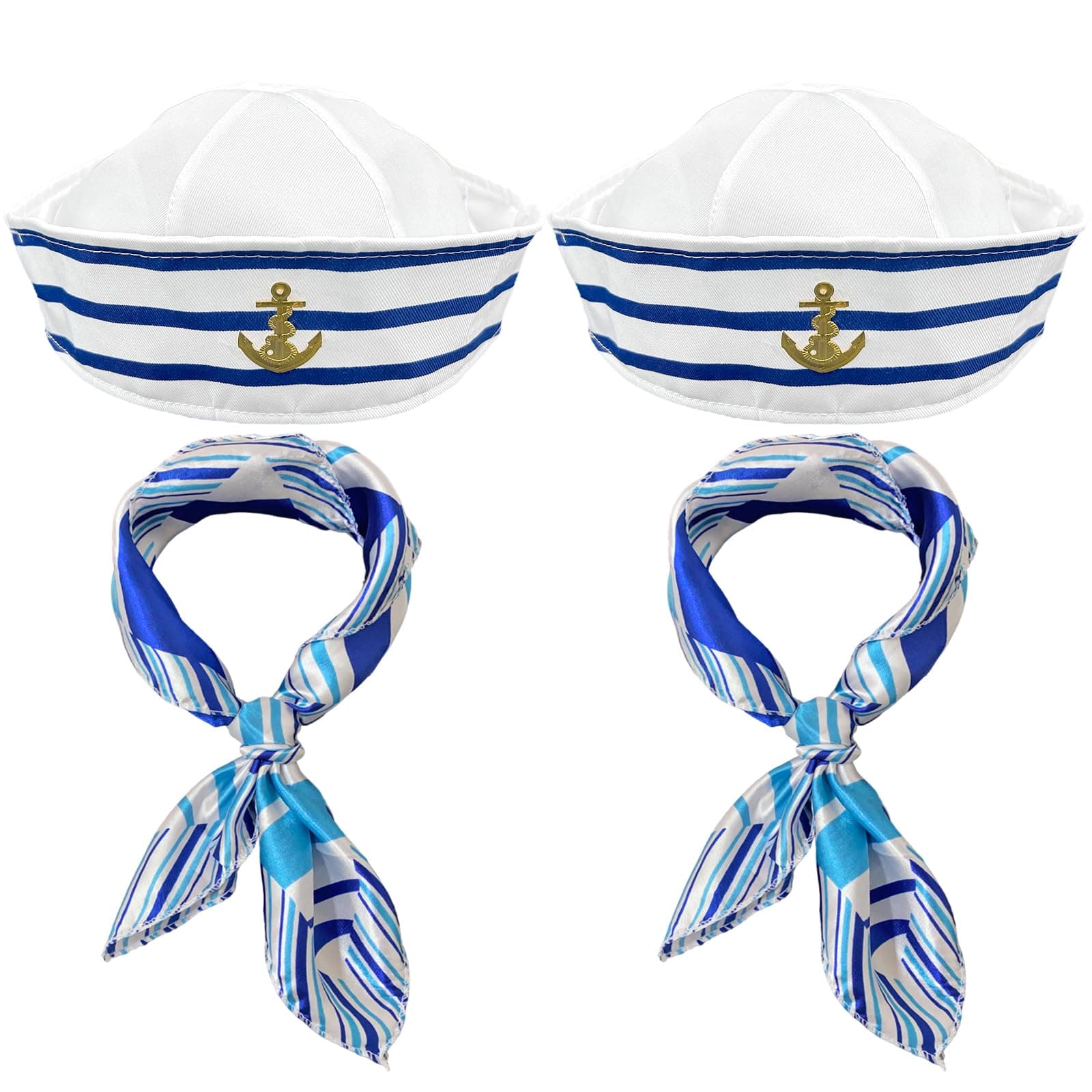 FUIPVGI 4 Pcs Sailor Hat and Scarf Set,Yacht Captain Cap Sailor Ship Cap,Sailor Outfit,Blue and White Striped Navy Outfit Dressing Up Party Costume Accessory for Navy Outfit Dressing Up Party