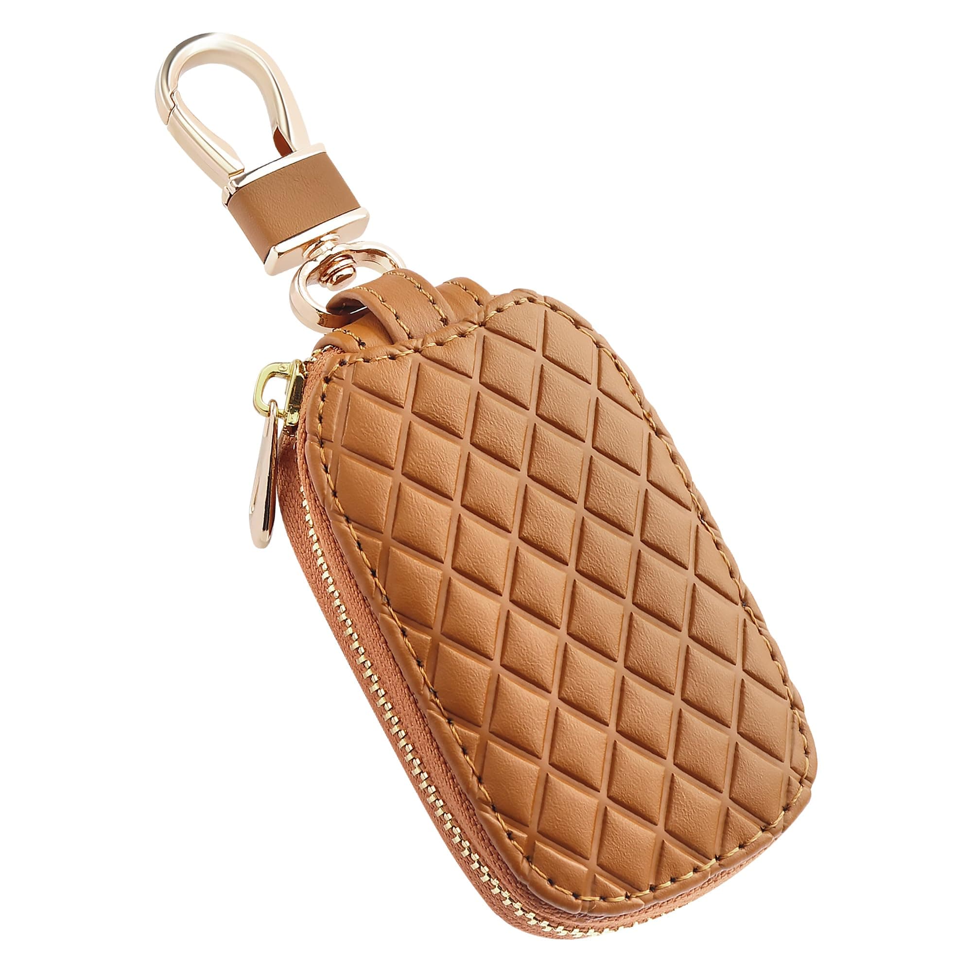 Stylish Car Key Case with Keychain and Zipper - Genuine Leather Car Key Case Holder for Remote Key Cover Replacement (Brown)