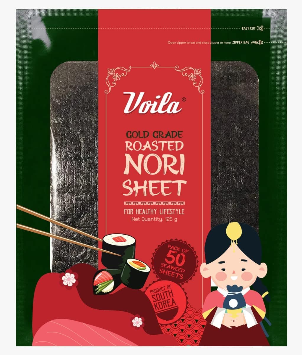 Voila Sushi Nori Sheet Roasted, Resealable 125gm | Gold Grade 50 Full Sheets (Dae Chun Gim Choi's 1) | Korean Roasted Seaweed Laver Sheets | Ideal For Korean, Japanese, Chinese & Asian Cuisine