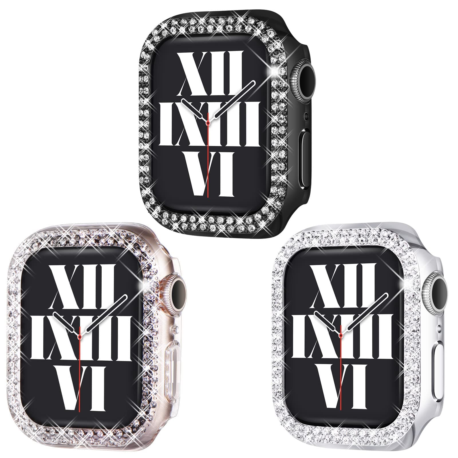 Fullife 3-Pack Crystal Rhinestone Bumper with Apple Watch Case for Series 6 5 4 SE Bling Face Cover Sparkling Frame for iWatch Women Girls (40mm, Black/Silver/Clear)