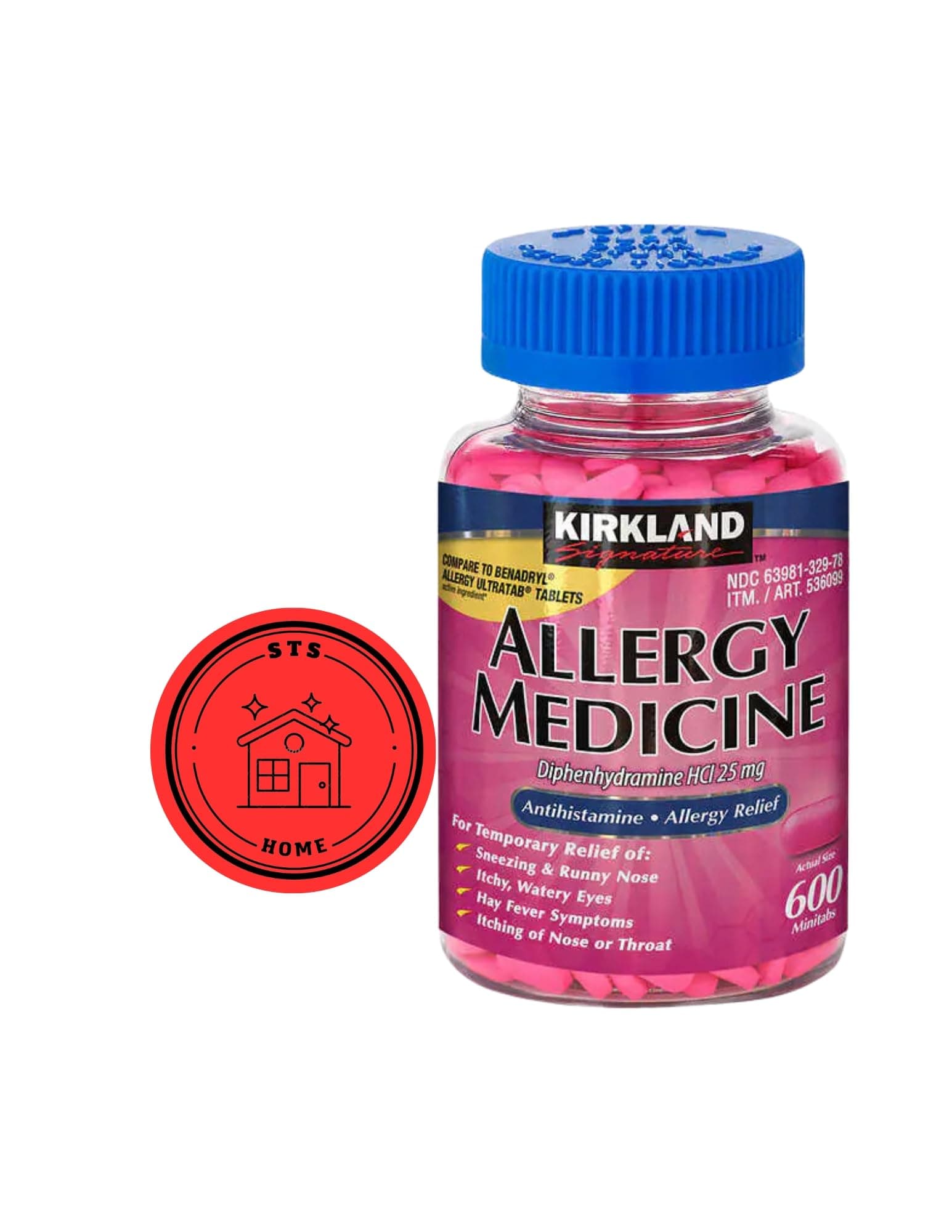 KirkIand Signature Allergy Medicine Diphenhydramine HCI 25 Mg, 600 Minitabs + STS Sticker.