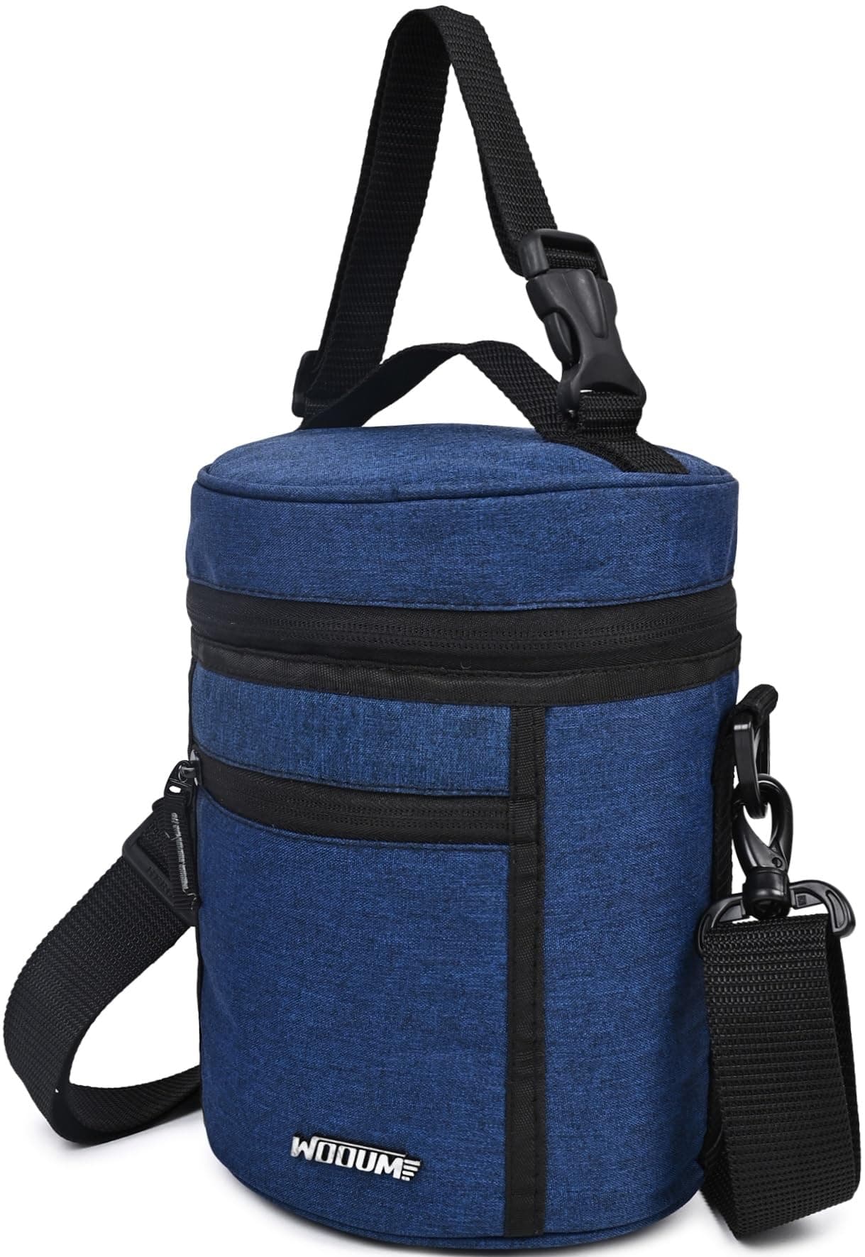 Wooum Pvc Fabric Round Lunch Bag, Tiffin Bag Lunch Holder Meal Holder Reusable Food Bag with Front & Concealed Pockets for School, Office, Picnic, Adjustable Shoulder Strap Navy Blue, 7.5 Liters