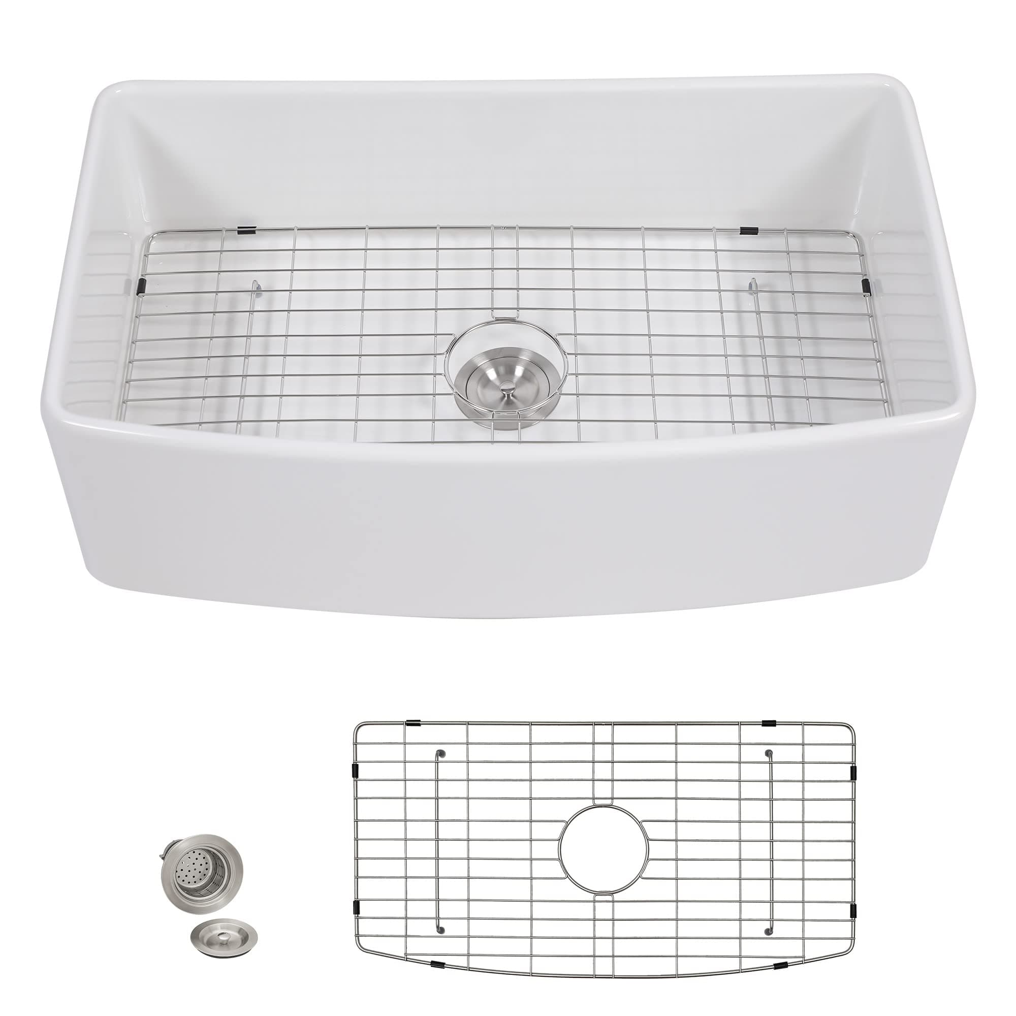 33 White Farm Sink - Fulorni 33"x20" Curved Apron Front Farmhouse Sink Single Bowl Ceramic Porcelain Fireclay Farmer Style Kitchen Sink Basin