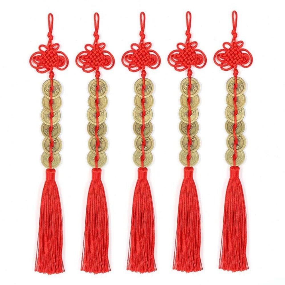 Retro 6 Coins Red Chinese Knot Copper Feng Shui Wealth Success Lucky Charm Home Car Hanger Decors (Pack of 5)