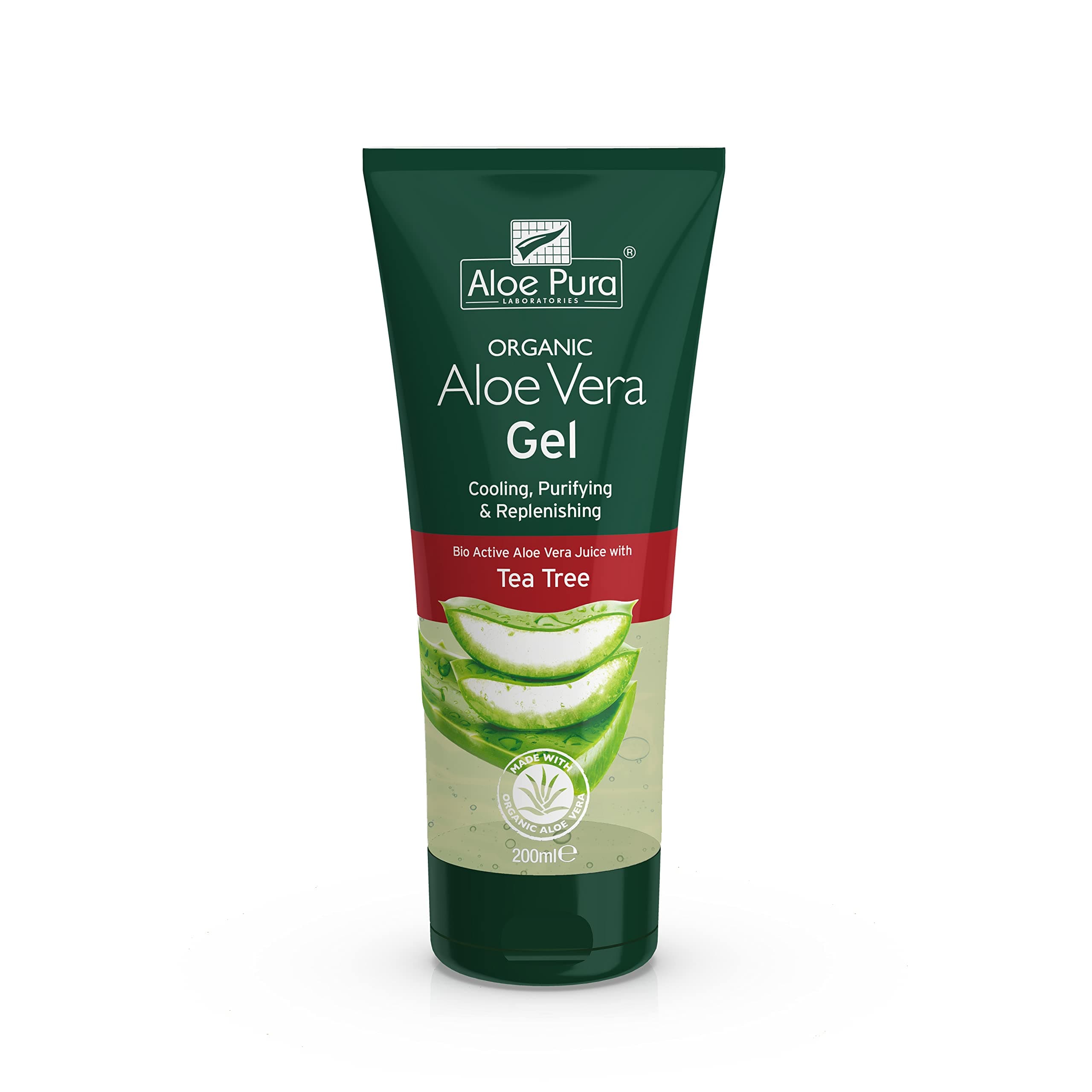 Aloe Pura Organic Aloe Vera Gel with Tea Tree, Natural, Vegan, Cruelty Free, Paraben & SLS Free, Cooling, Purifying, 200 ml