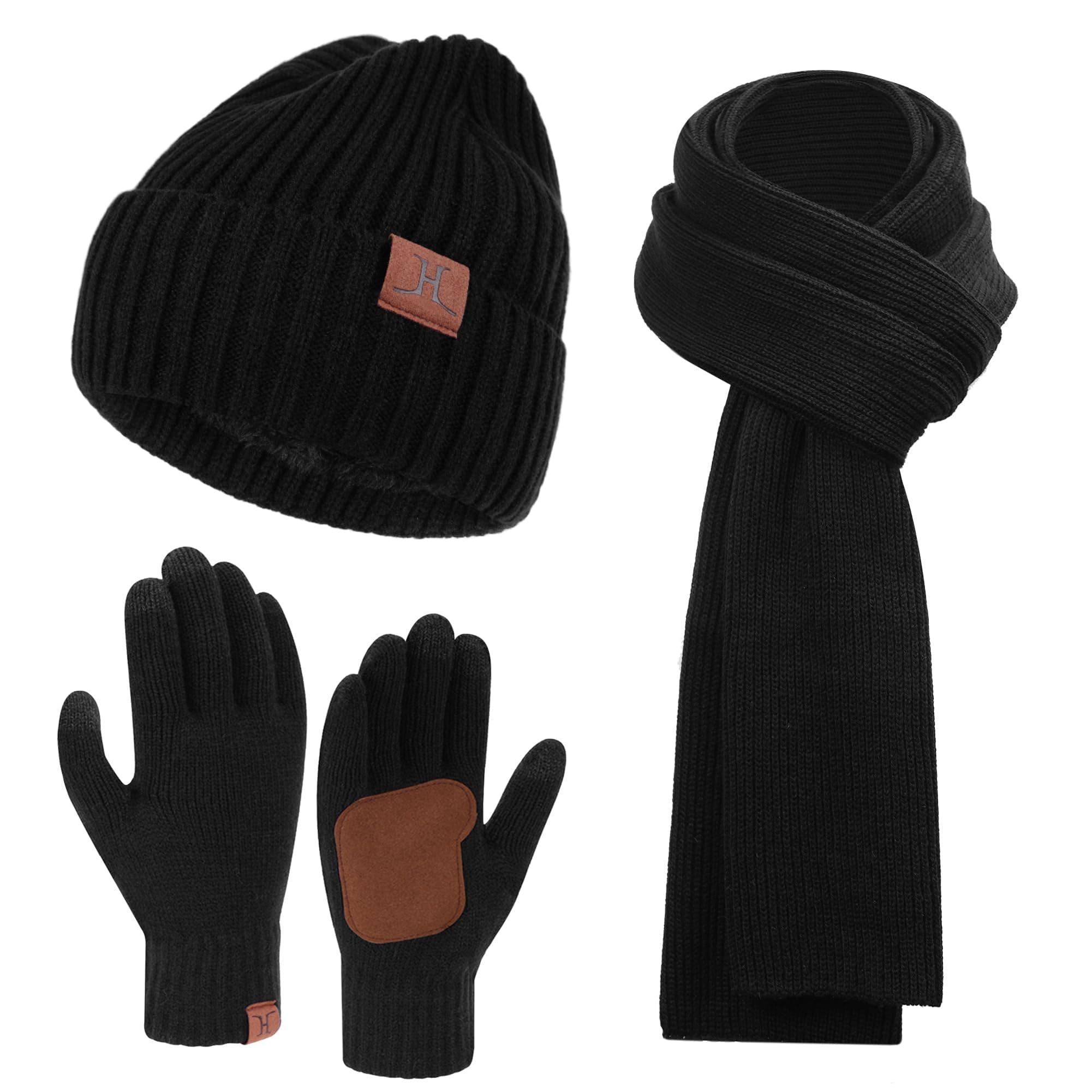 Mens Winter Knit Hat Beanie Long Neck Scarf Touchscreen Gloves Set Fleece Skull Caps Gifts for Men Women