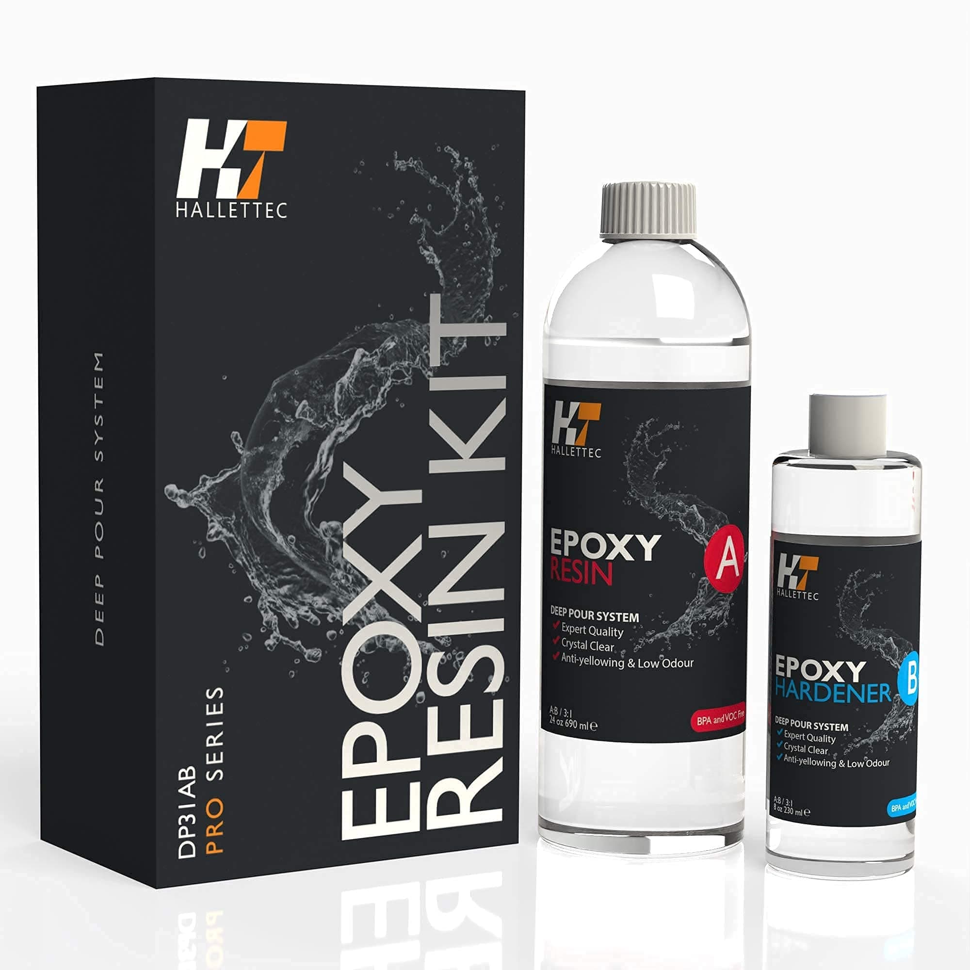 HALLETTEC - Clear Epoxy Resin Kit A+B + Mica Powder, Jugs, Stirrers! - 1 kg/ 920 ml - For Crafts, DIY, Casting, Jewellery, River tables, Art, Coating and more.