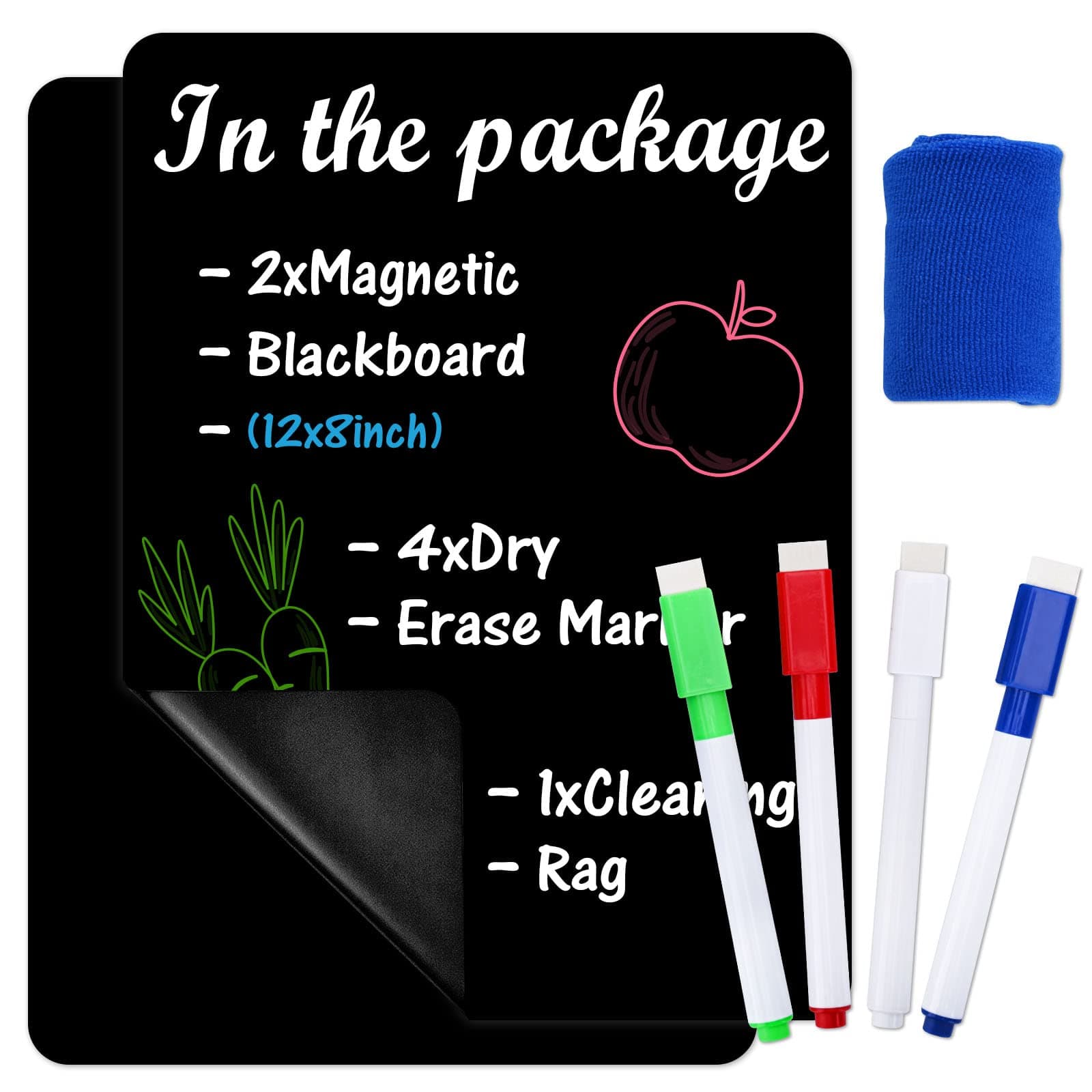 Magnetic Dry Erase Black Board for Fridge, 2 Pack 12 x 8 Inches Refrigerator Board with 4 Magnetic Markers & a Rag, Do List Grocery Shopping and Planning Magnet Chalkboard for Fridge