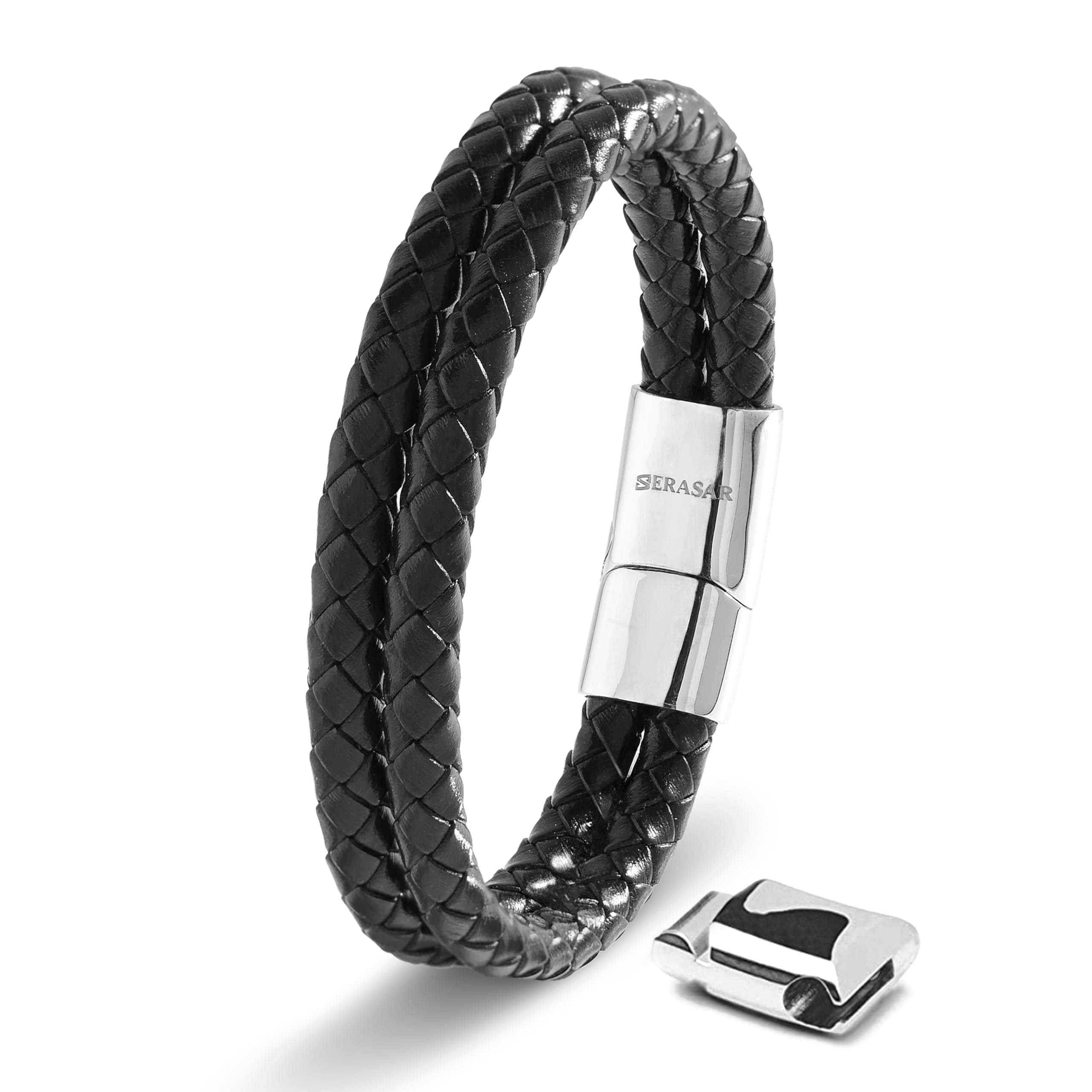 SERASAR Premium Leather Bracelet for Men - Magnetic Stainless Steel Clasp in Black, Silver and Gold - With Jewelry Box - Great Gift Idea