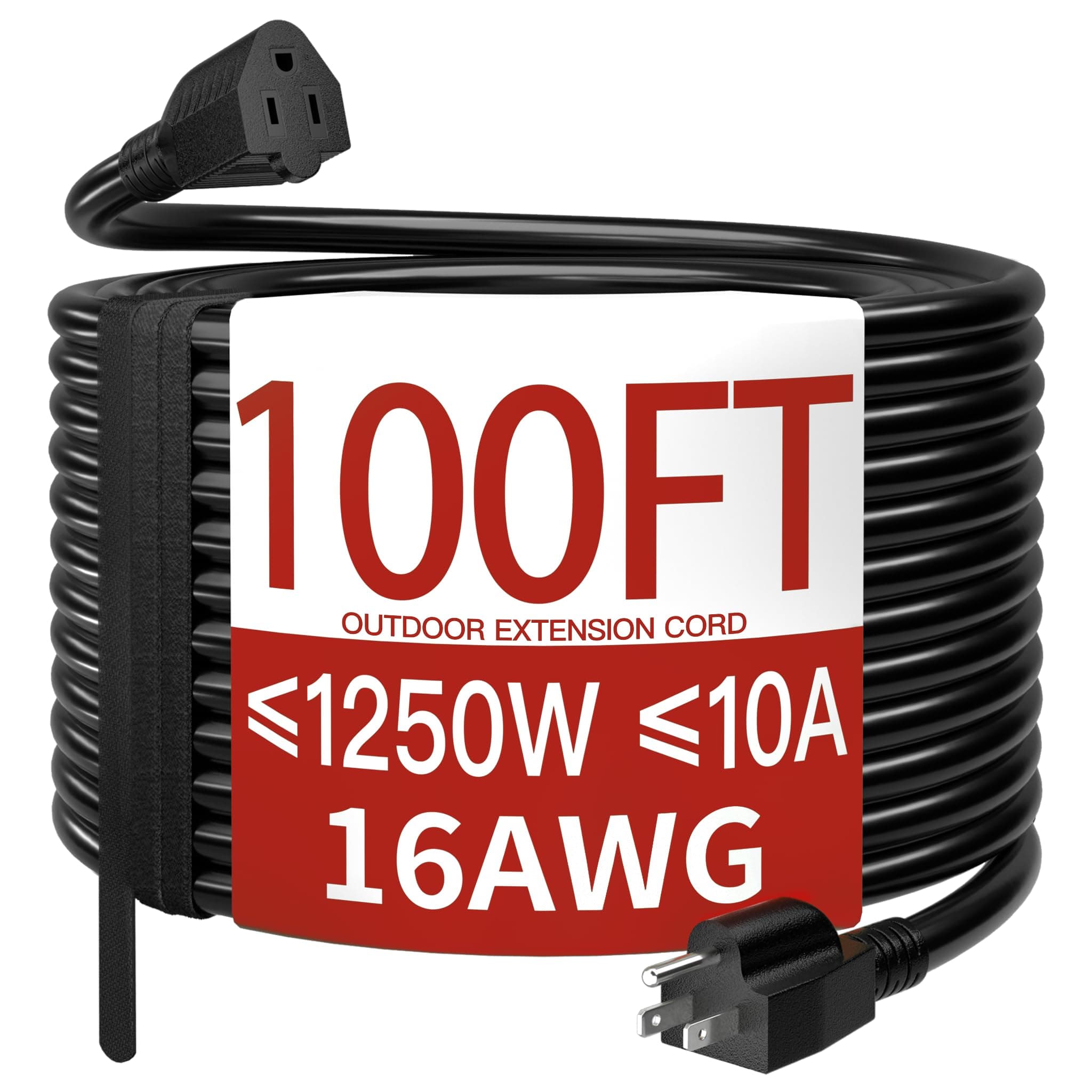 16AWG 10A 1250W 125V 100 Ft Outdoor Extension Cord Waterproof, Weatherproof & Flame Retardant Black 3 Prong Power Cord Outside for Lawn & Garden, SJTW ETL Listed