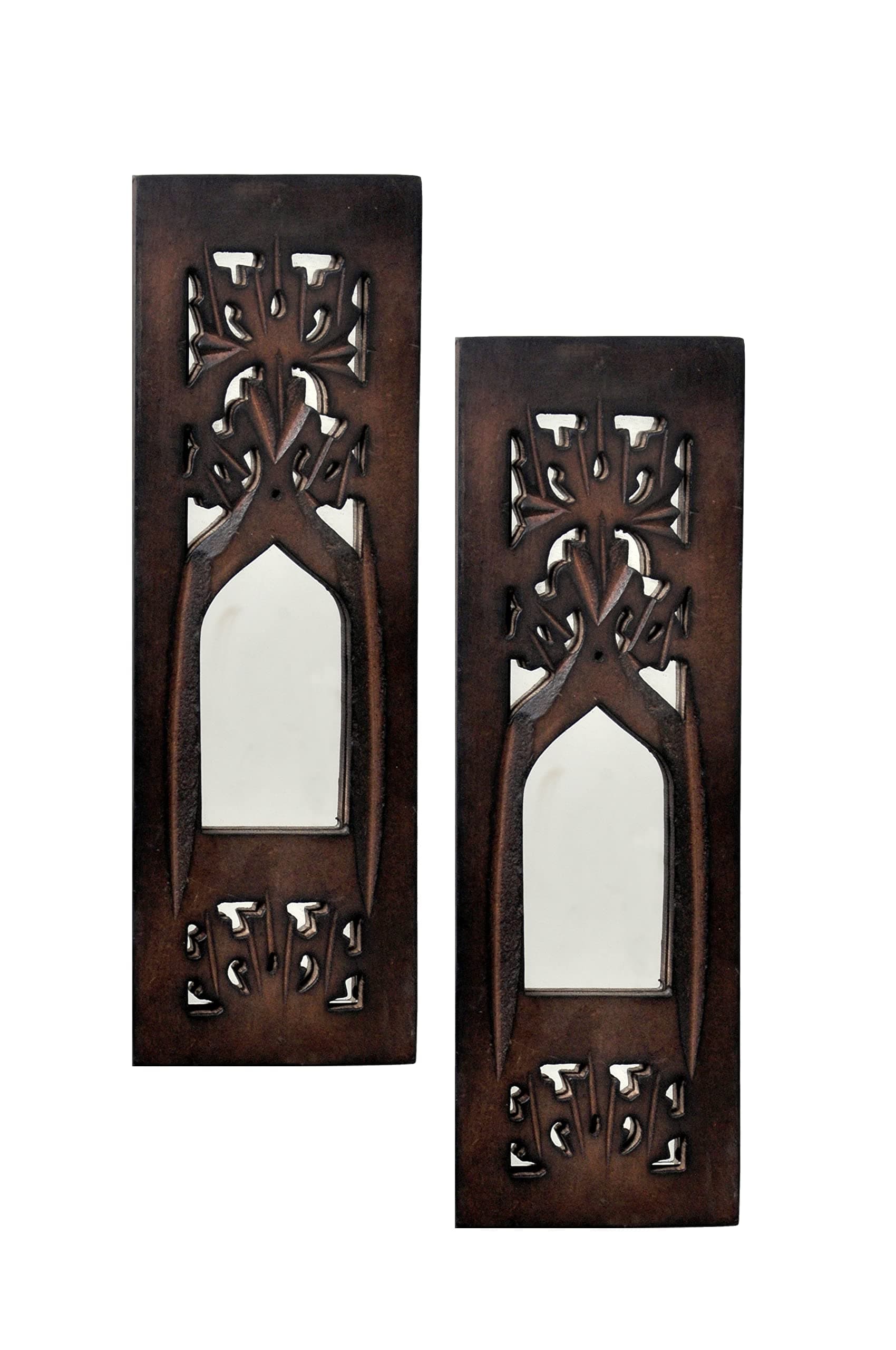 WHF Wood Painted Wall Hanging Jharokha Inside Mirror, Wooden Wall Hanging, Wooden Wall Panel (11.5 Cm, Natural) Set of Two (Rectangular) (Framed)