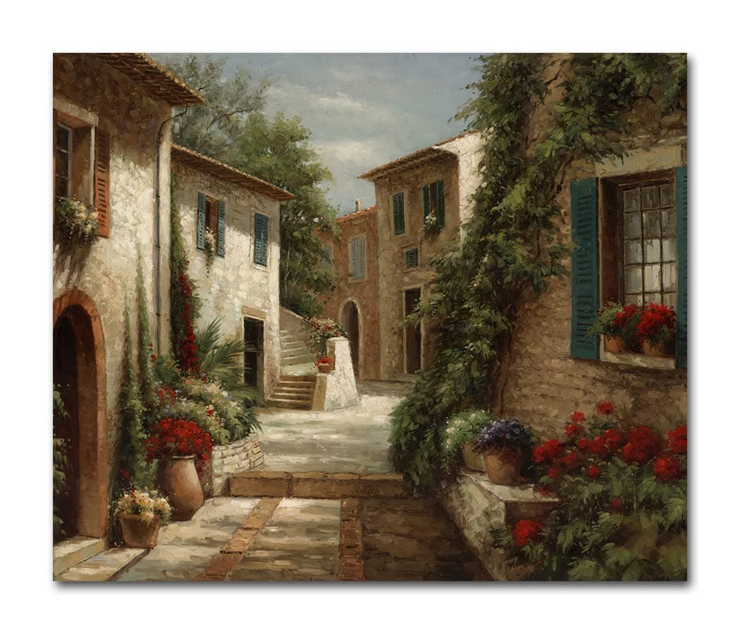 Italy Town Painting Tuscany Wall Art Streets of Mediterranean Towns Canvas Prints Landscape Picture Framed Ready to Hang Farmhouse Decor 20 x 24 Inch