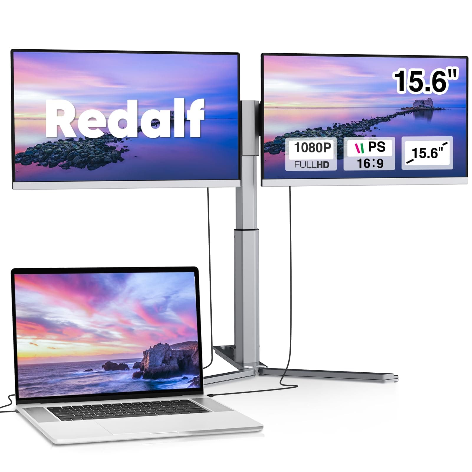 Redalf 15.6" FHD Portable Triple Monitor for Laptop, IPS Ultra-Thin Zero Frame, Compatible with Mac, Windows, Chrome, Fits All Size Laptops