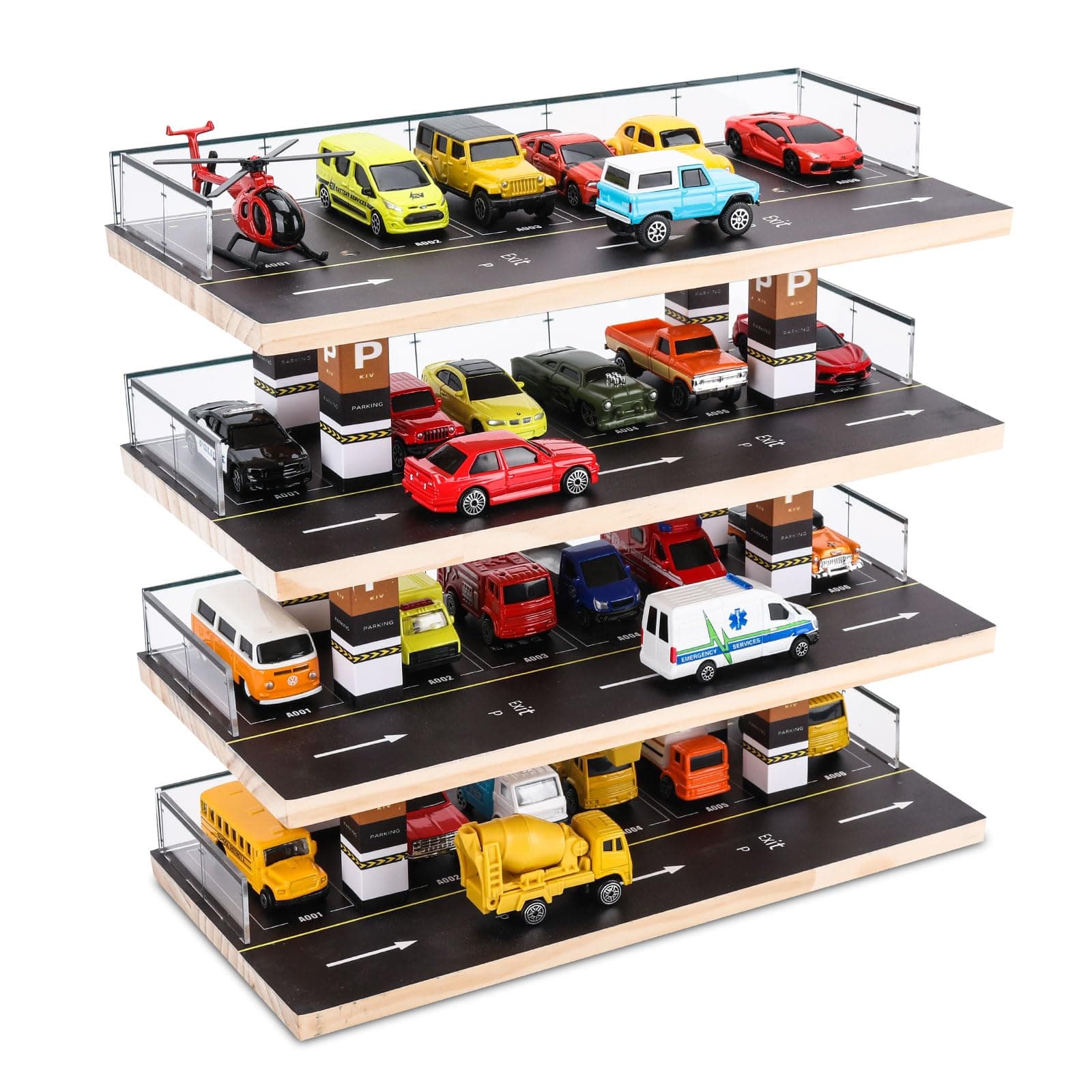 Saichotoy Display Case for Hot Wheels & Matchbox, 1/64 Scale Diecast Toy Car Storage, Parking Garage Diorama - Freestanding Storage with 4 Levels 24 Spots Maximum 40 Cars