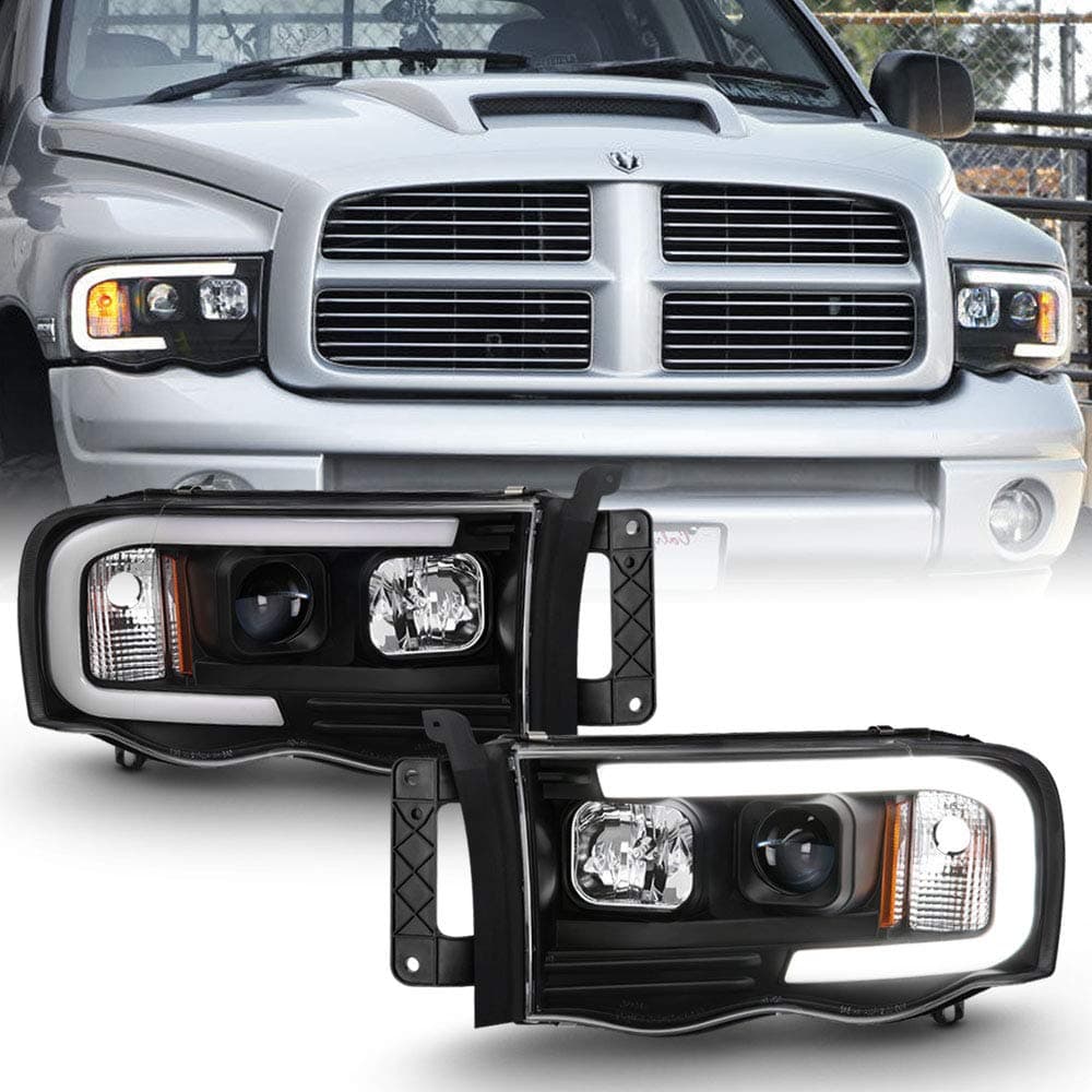 ACANII - For 2002-2005 Dodge Ram 1500 2500 3500 Black LED Tube Projector Headlights Assembly Headlamps Driver+Passenger