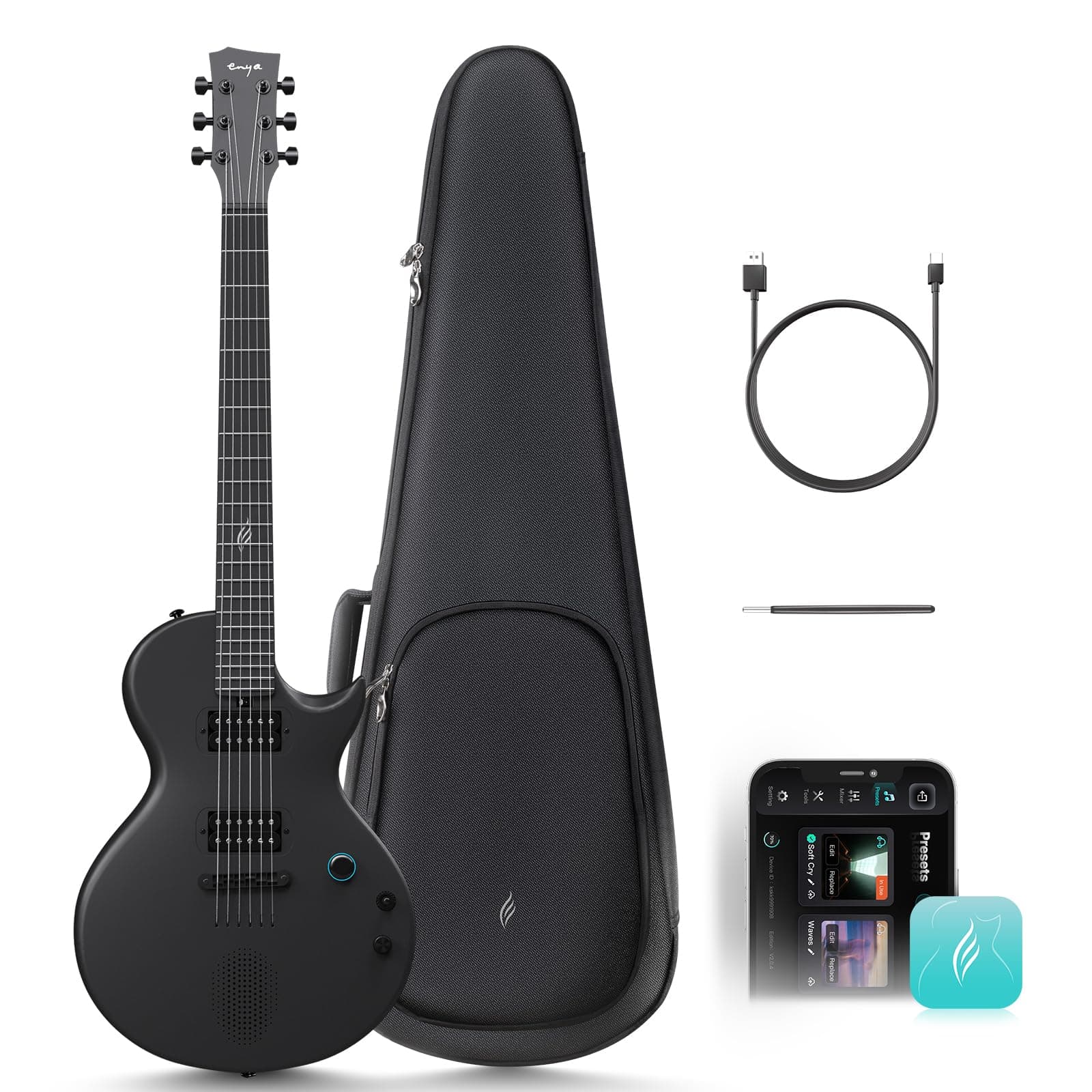 Nova Go Sonic Smart Electric Carbon Fiber Guitar with 10W Wireless Speaker, Built-in Presets, Charging Cable, Adjustment Key and Gig Bag
